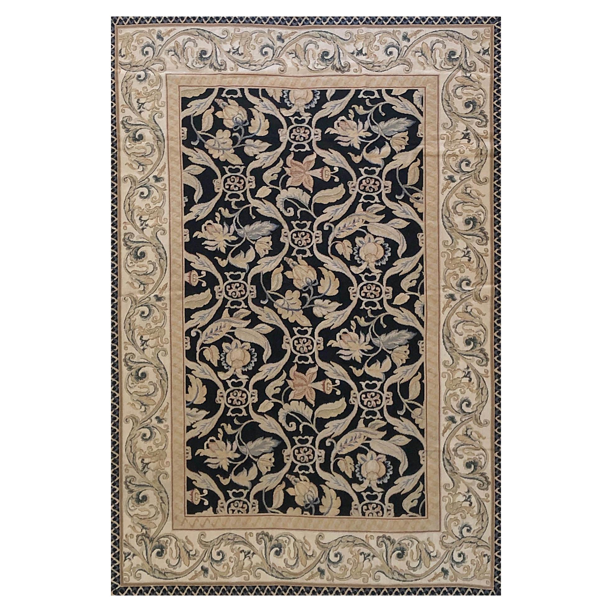 Black French Leaf Design Needlepoint Chinese Rug New For Sale