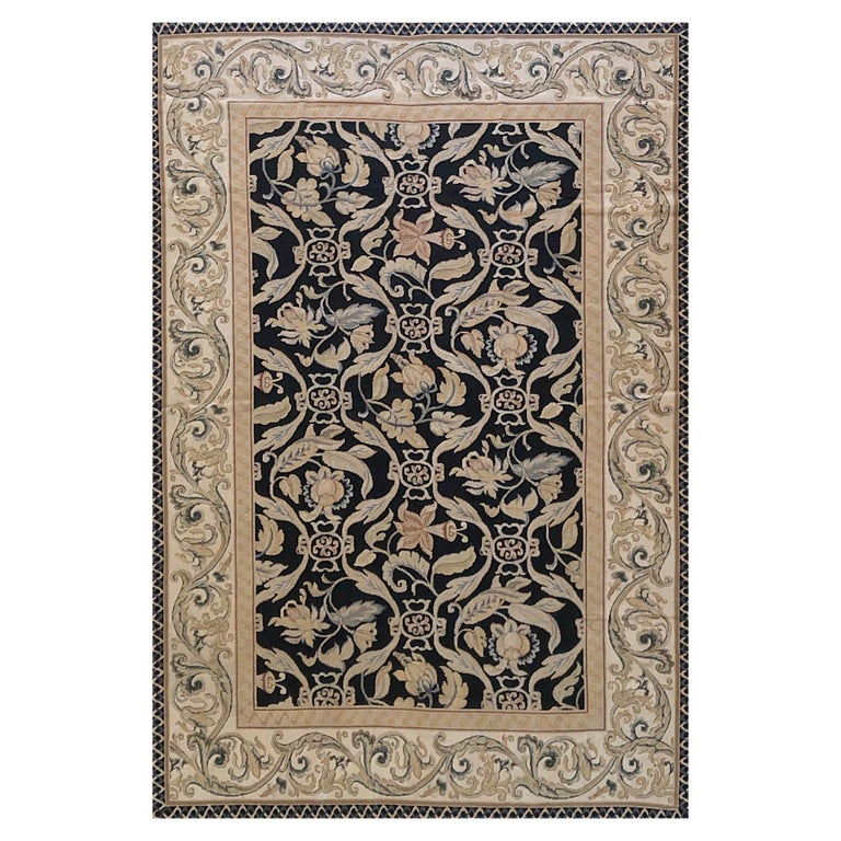 Black French Leaf Design Needlepoint Chinese Rug New For Sale at 1stDibs