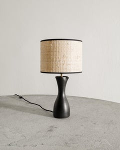 Black French Mid Century Ceramic Table Lamp & Rattan Shade by Pol Chambost 1950s