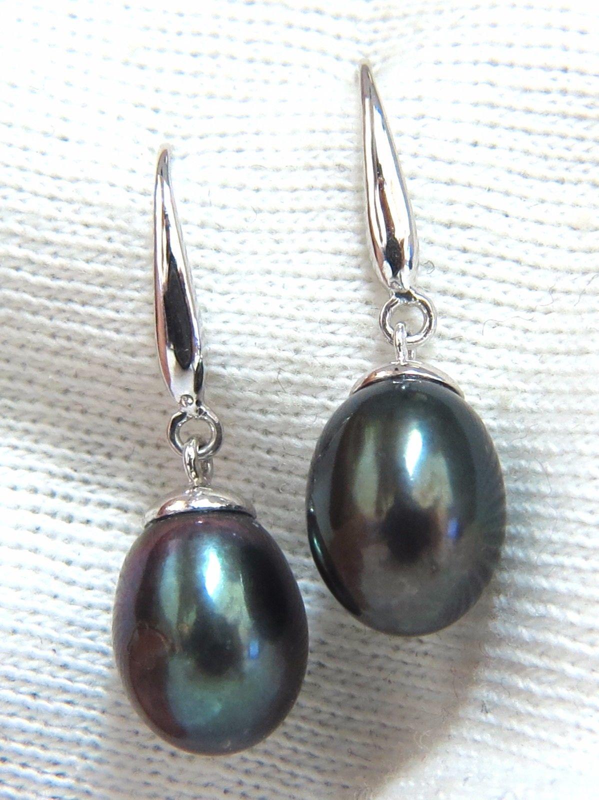 Women's or Men's Black Freshwater Pearl Dangle Earrings 14 Karat