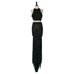 Black fringed knit crop-top and skirt ensemble ALEXANDRE VAUTHIER
