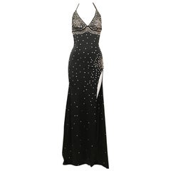 Black Full Length Rhinestone Embellished Halter Dress, 1990s