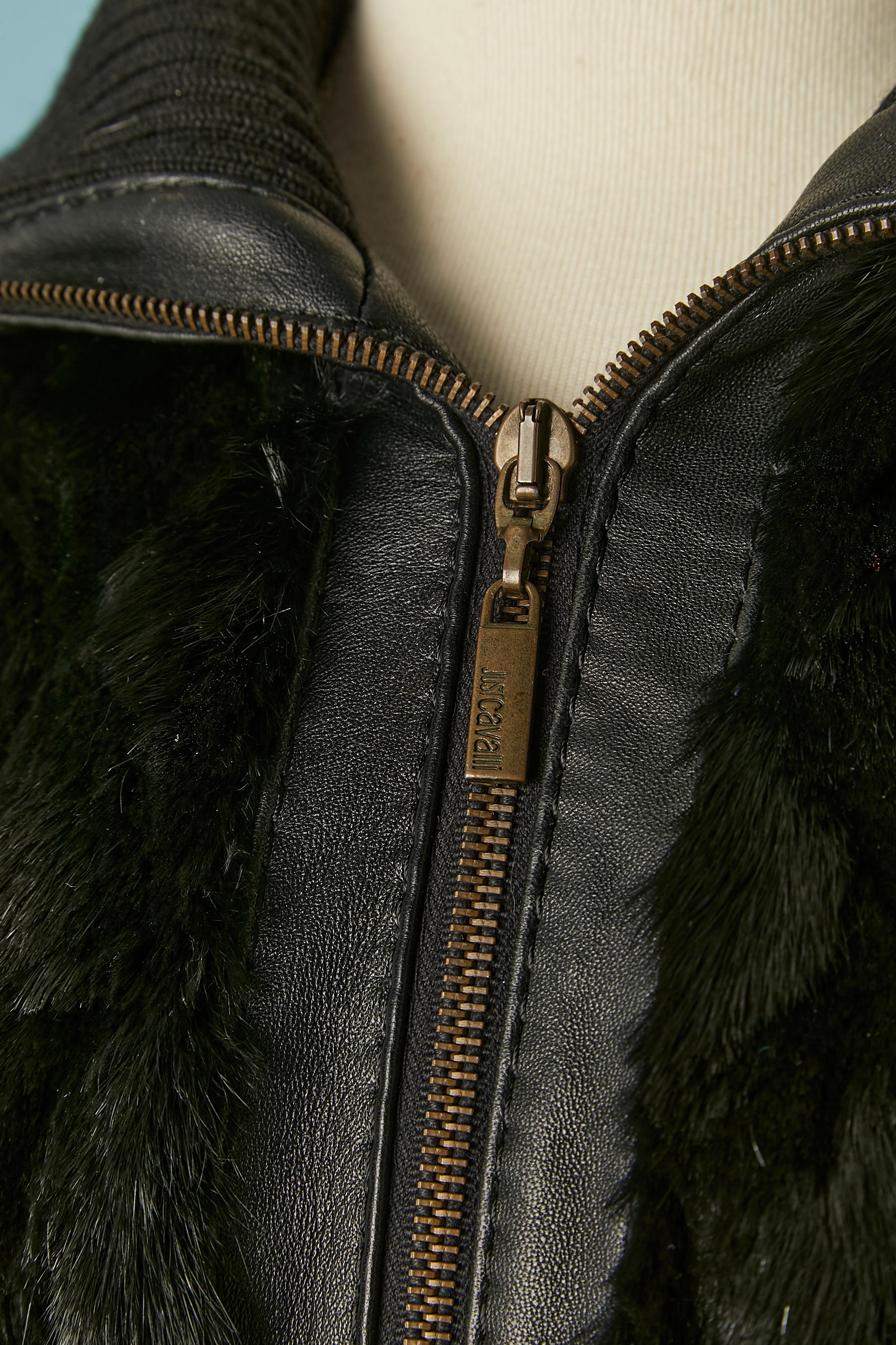 Women's Black fur coat with ribbing edge and leather belt Just Cavalli