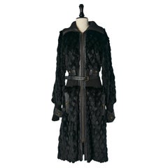 Black fur coat with ribbing edge and leather belt Just Cavalli