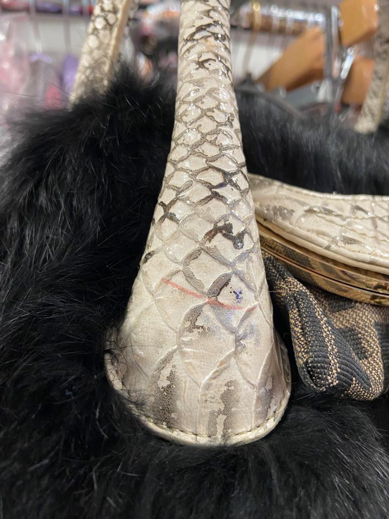 Black fur, snake pattern leather and branded nylon hand bag FENDI  For Sale 6