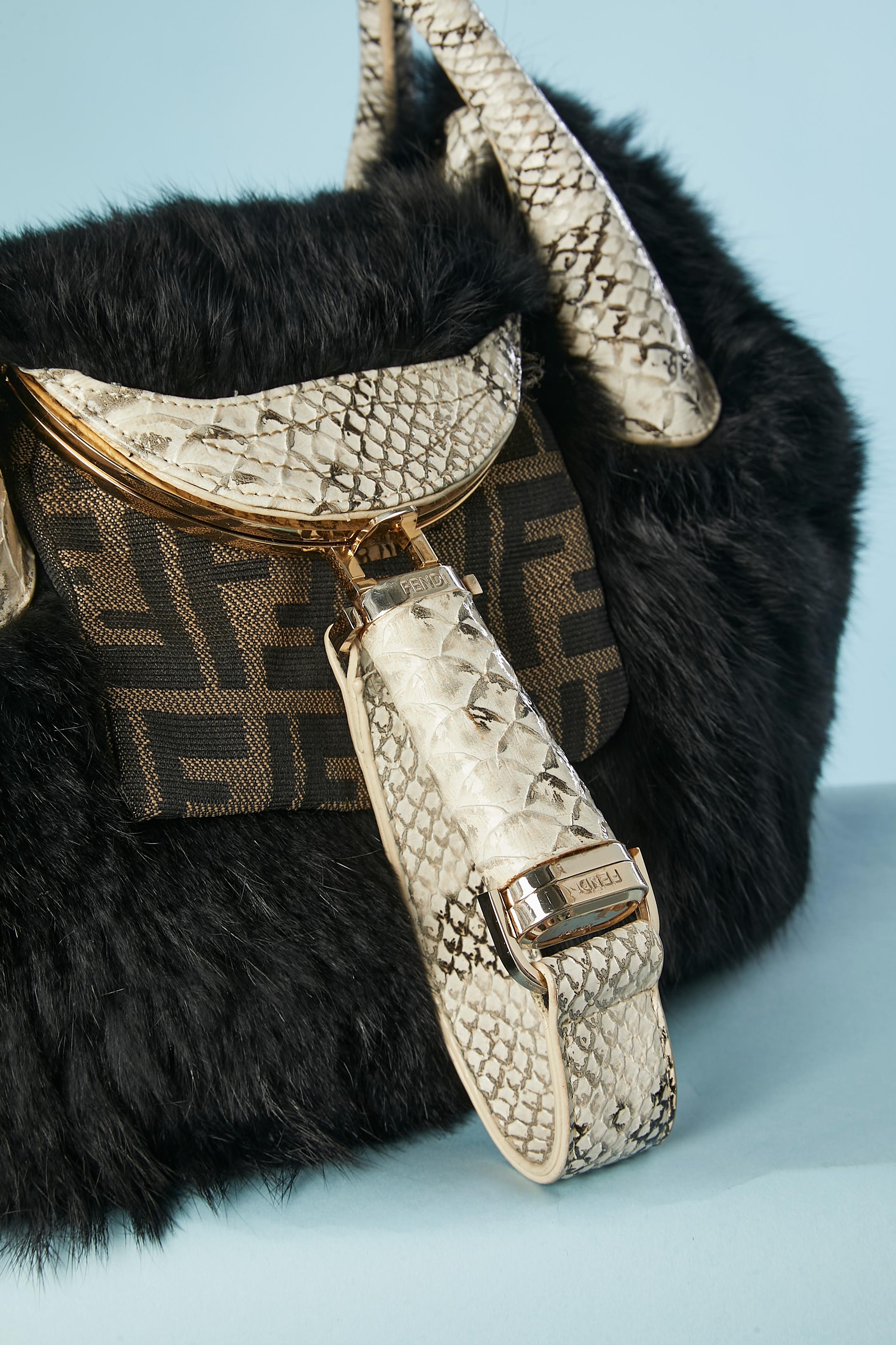 Women's Black fur, snake pattern leather and branded nylon hand bag FENDI  For Sale