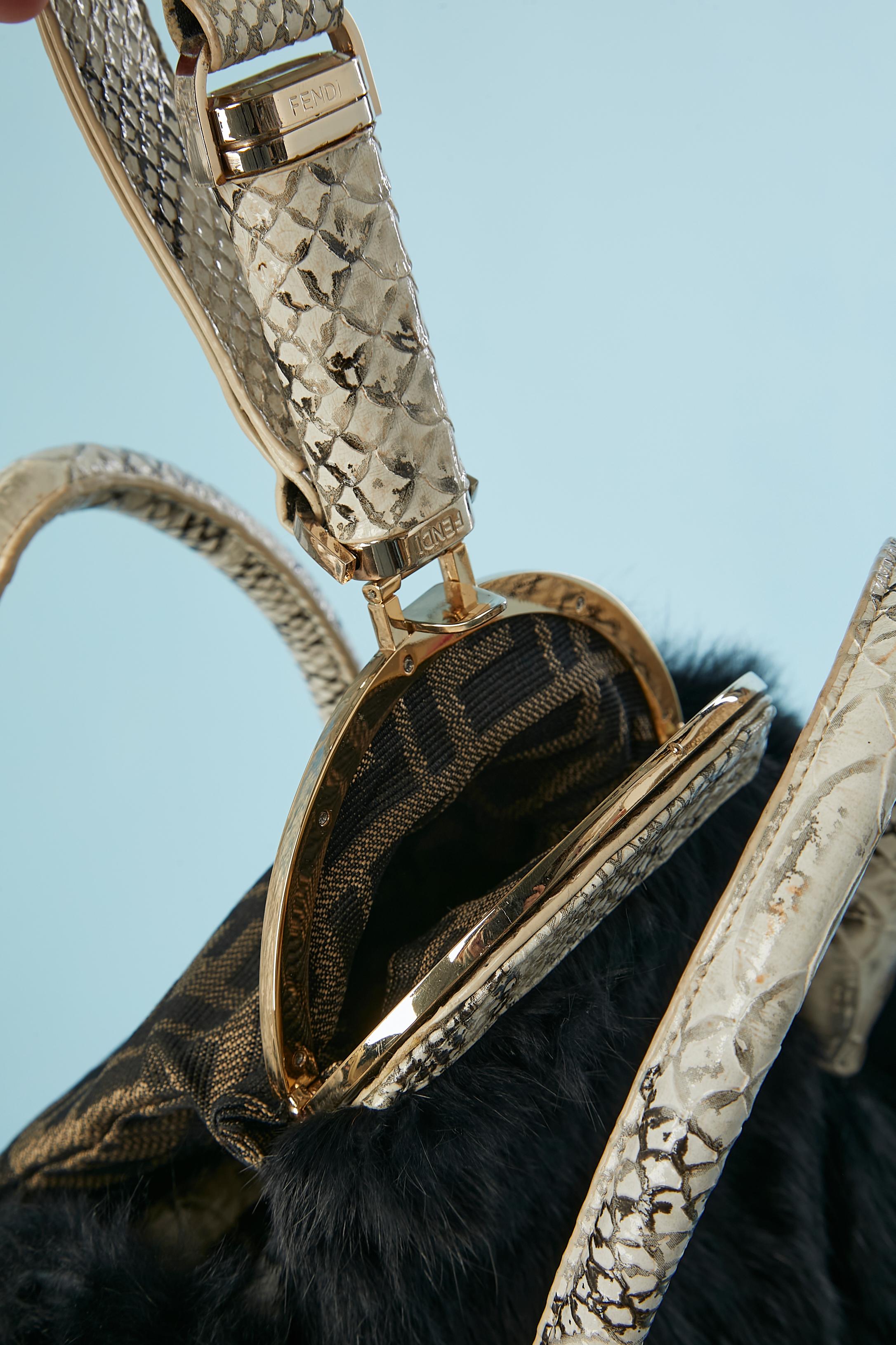 Black fur, snake pattern leather and branded nylon hand bag FENDI  For Sale 1