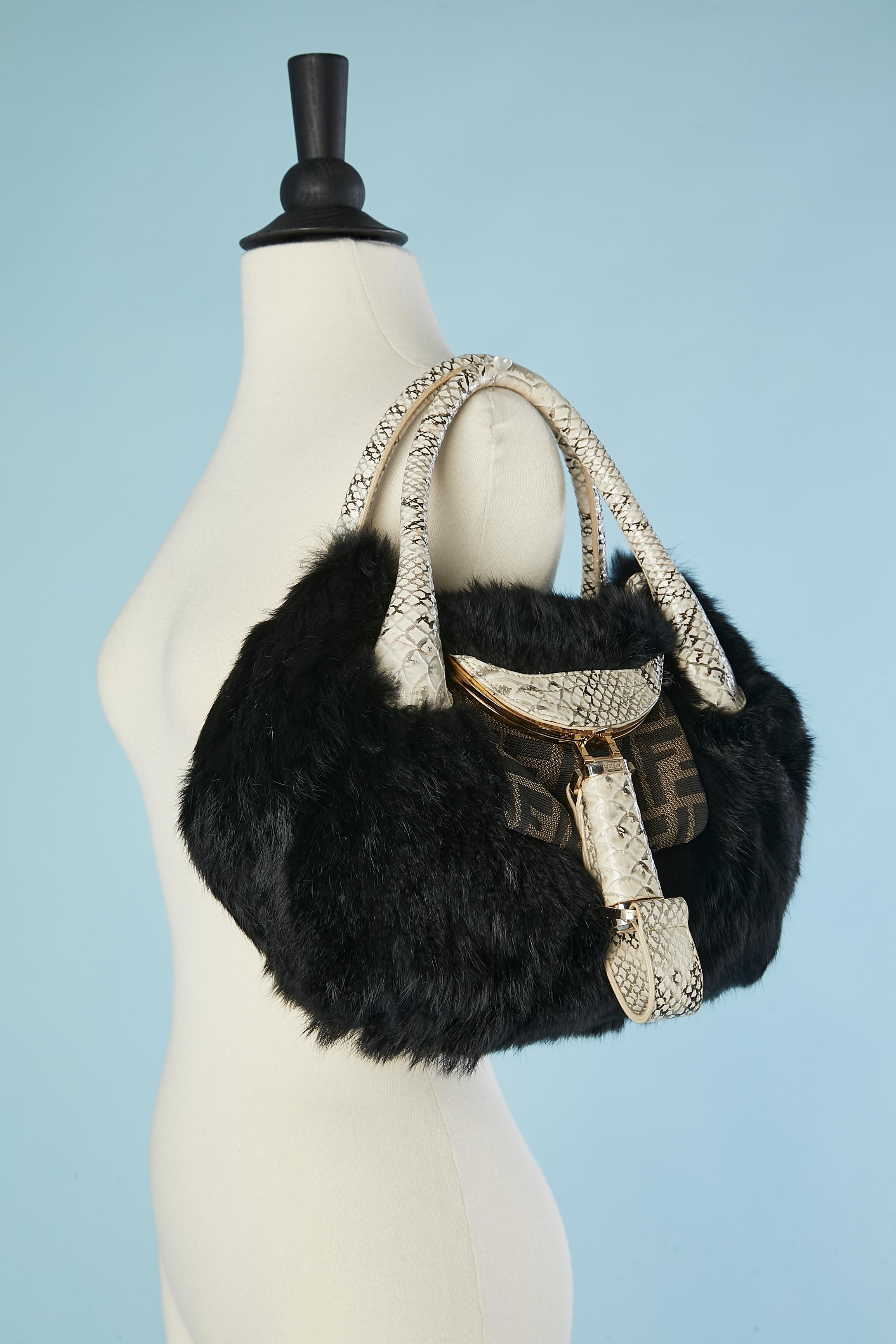 Black fur, snake pattern leather and branded nylon hand bag FENDI  For Sale 3