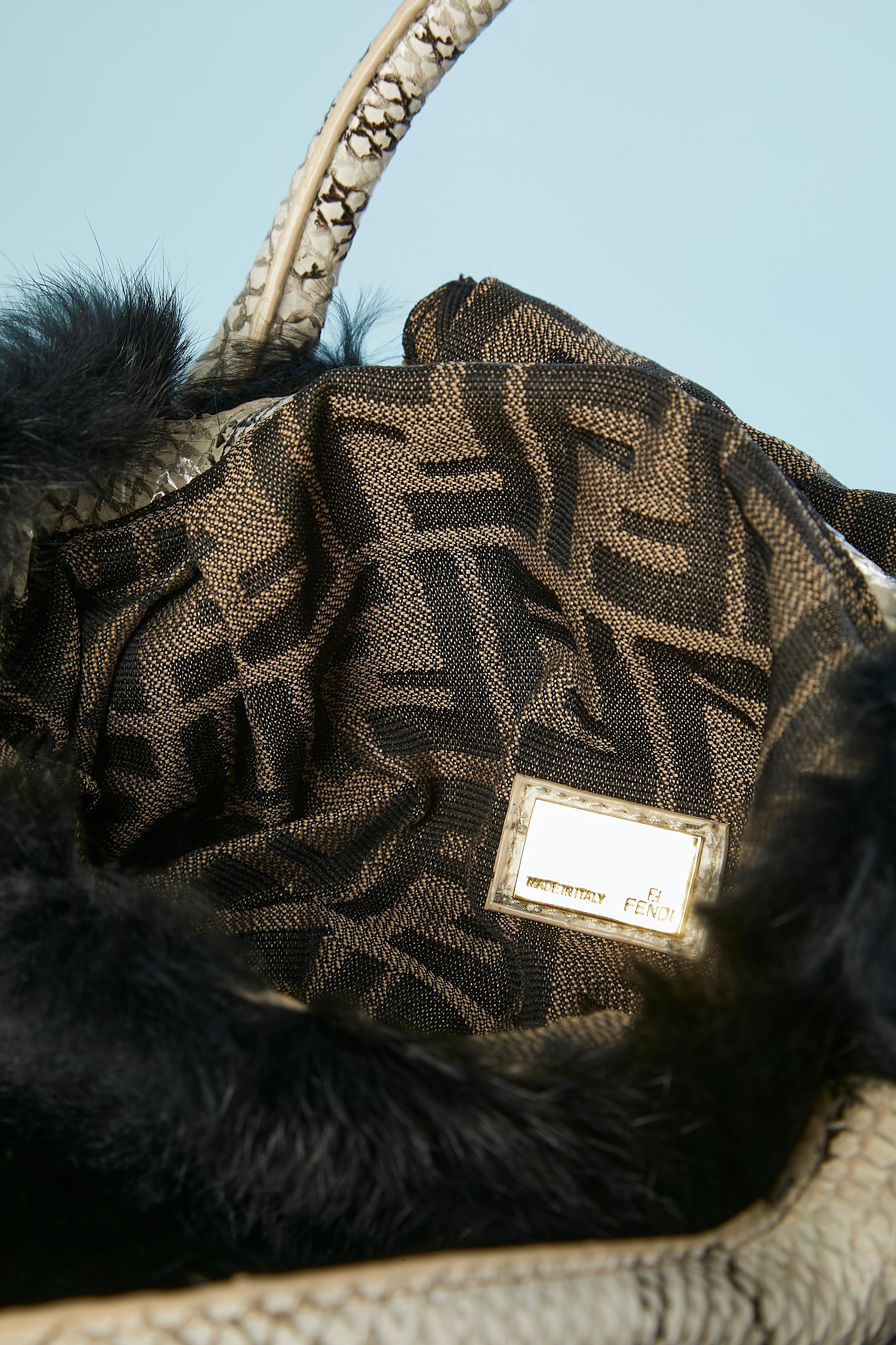 Black fur, snake pattern leather and branded nylon hand bag FENDI  For Sale 5