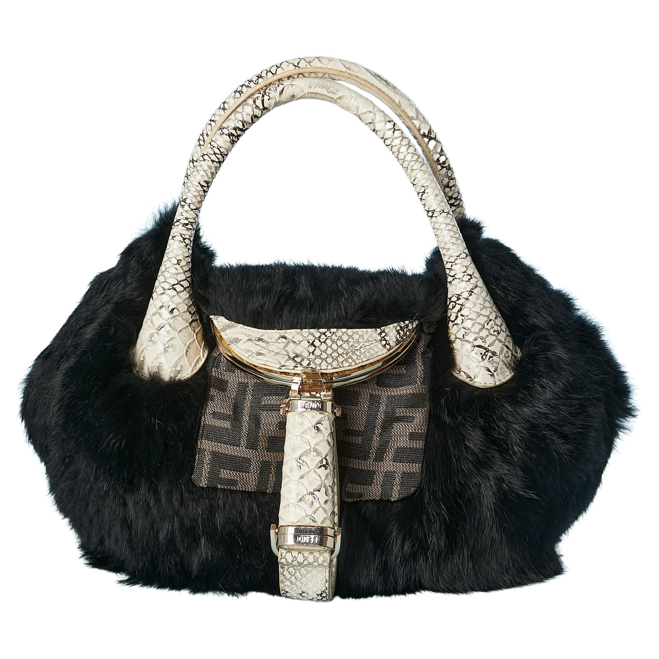 Black fur, snake pattern leather and branded nylon hand bag FENDI  For Sale