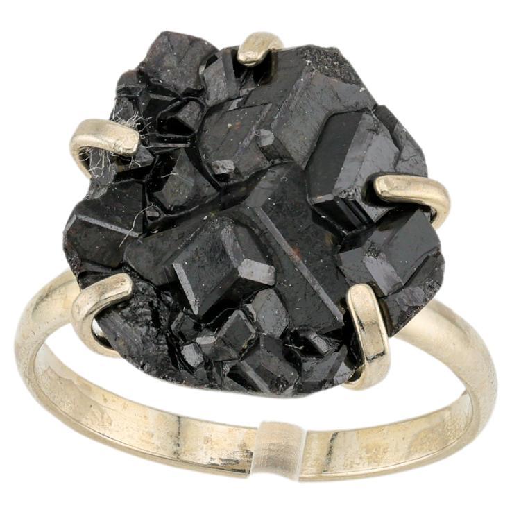 Black garnet crystal druse ring, Melanite ring