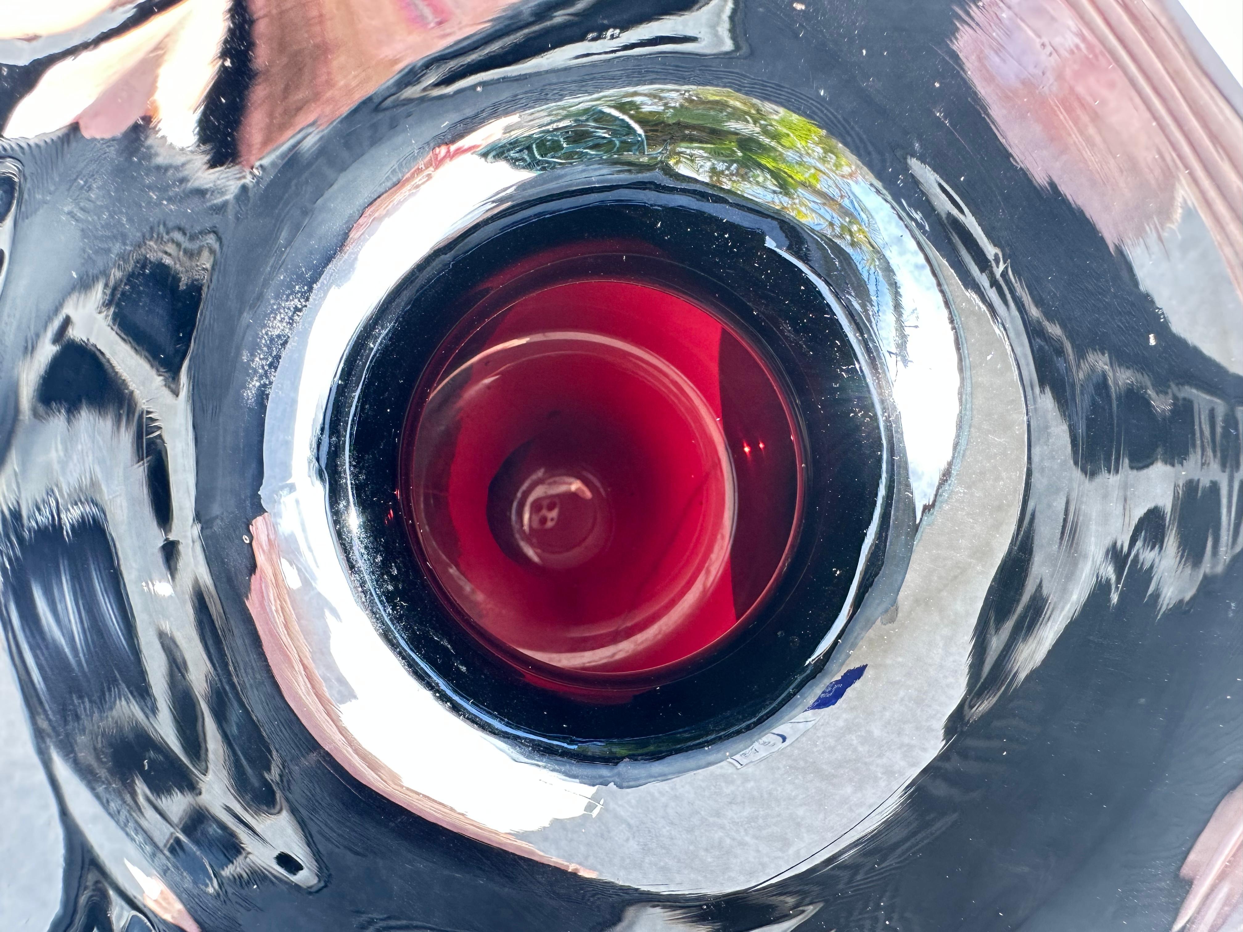 Italian Black Garnet Red Glass Metallic Tulip Vase, Attributed to Murano