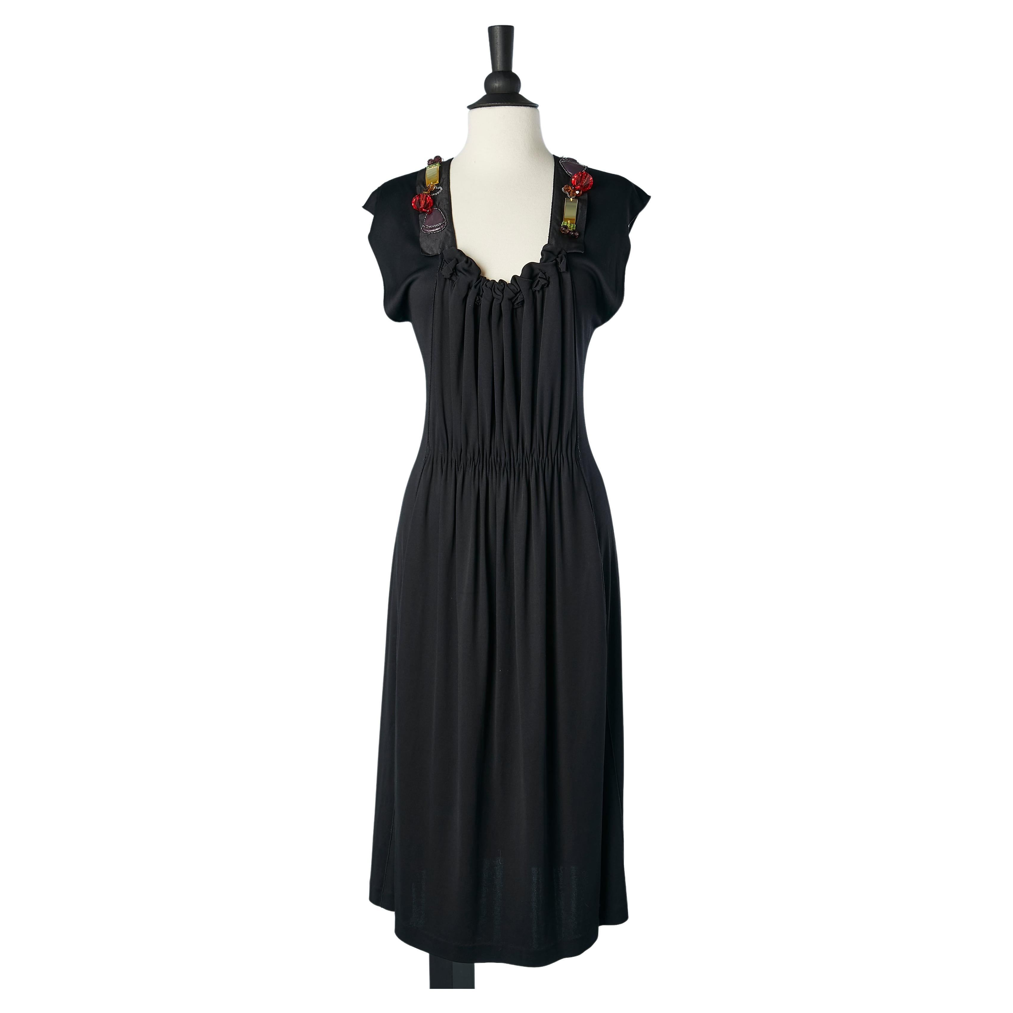 Black gather cocktail dress with beads  embellishment Yves Saint Laurent  For Sale
