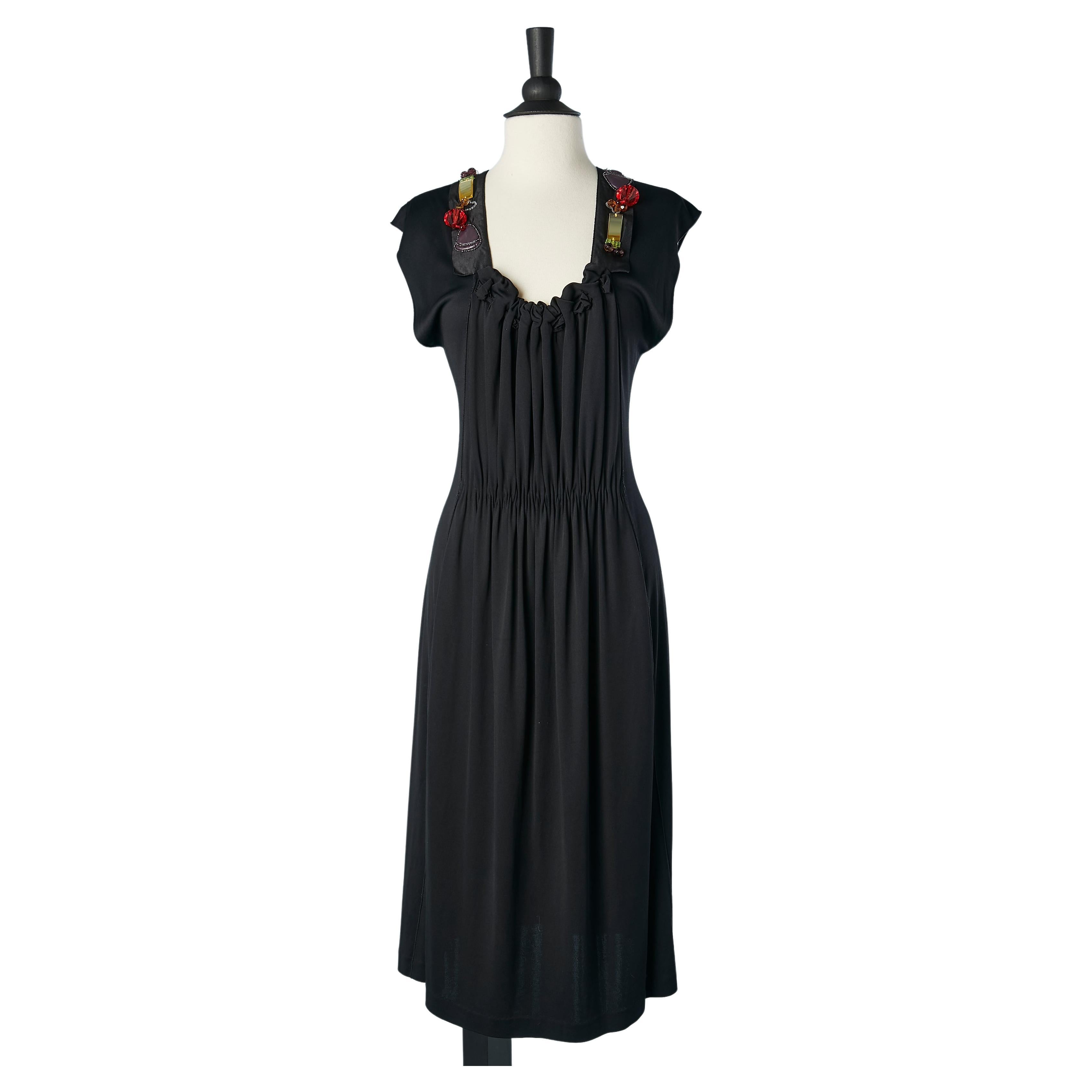 Black gather cocktail dress with beads  embellishment Yves Saint Laurent For Sale