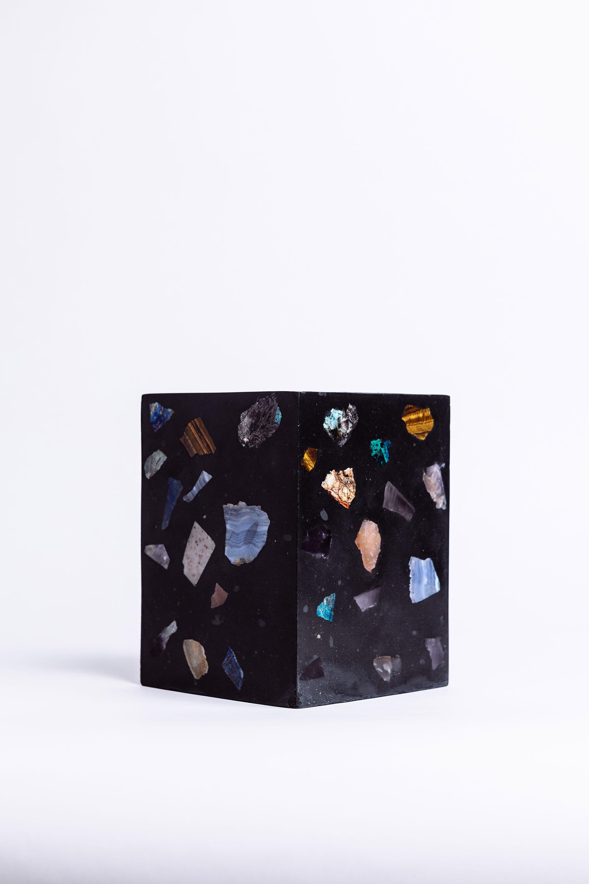 Hand-Crafted Black Cube Gemstone Terrazzo Vase or Planter