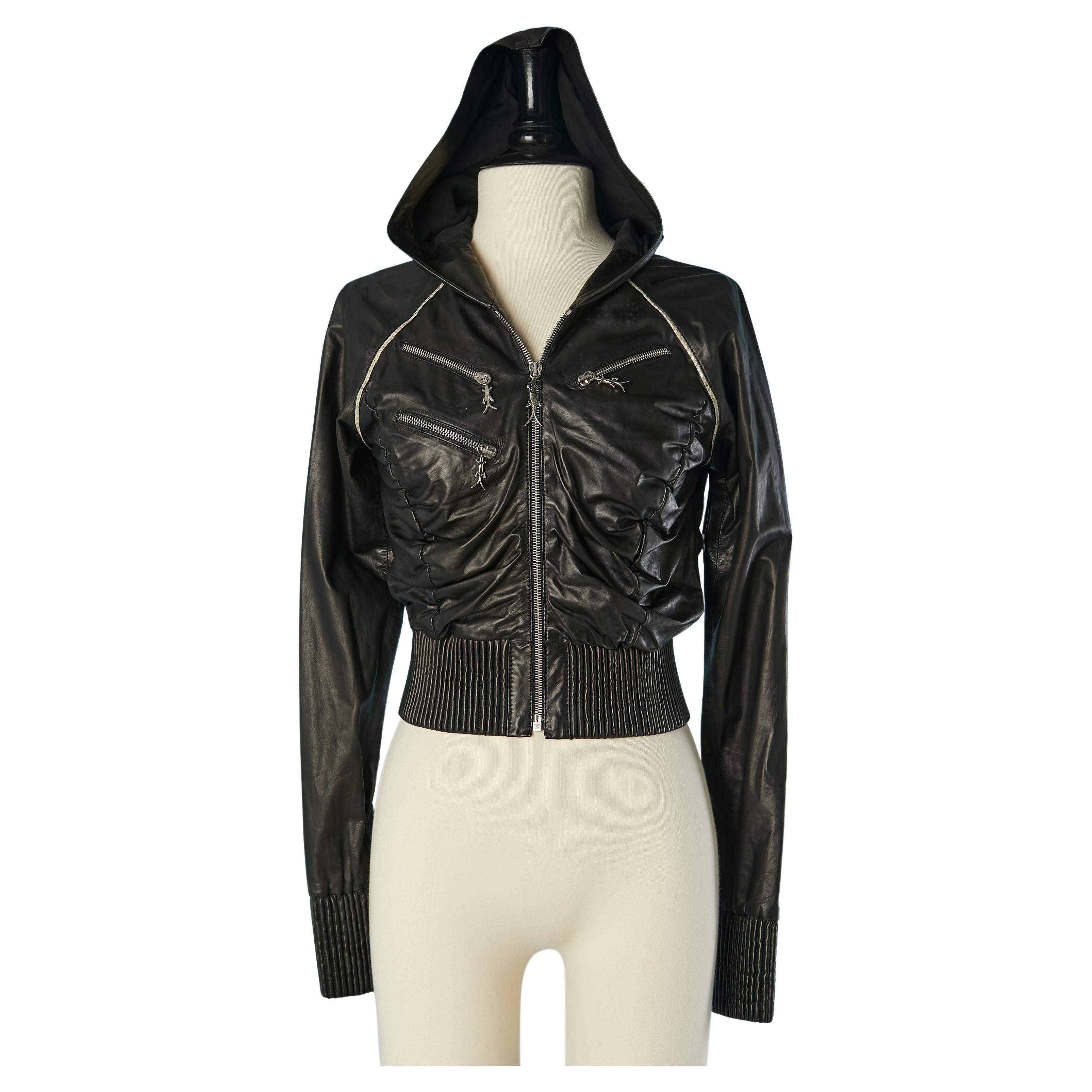 Black genuine leather jacket with hood SHIRO New with tag For Sale