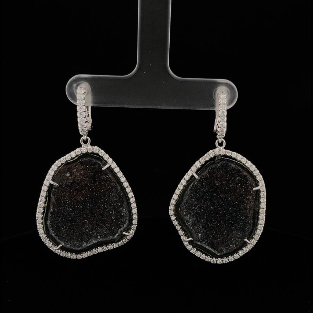 Women's Black Geode Earrings with Diamond Halo For Sale