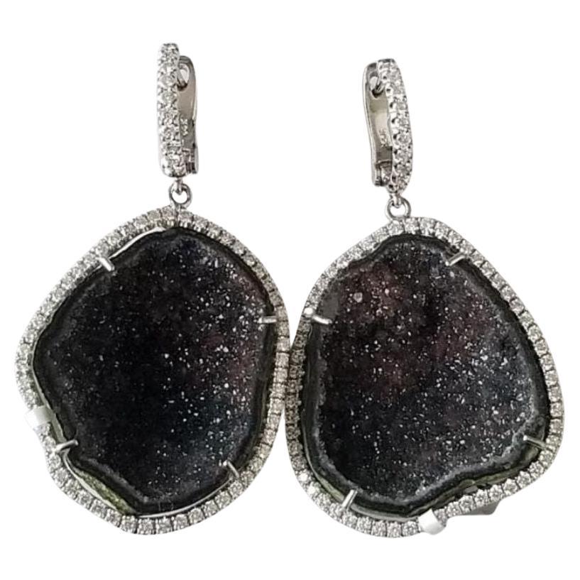 Black Geode Earrings with Diamond Halo For Sale