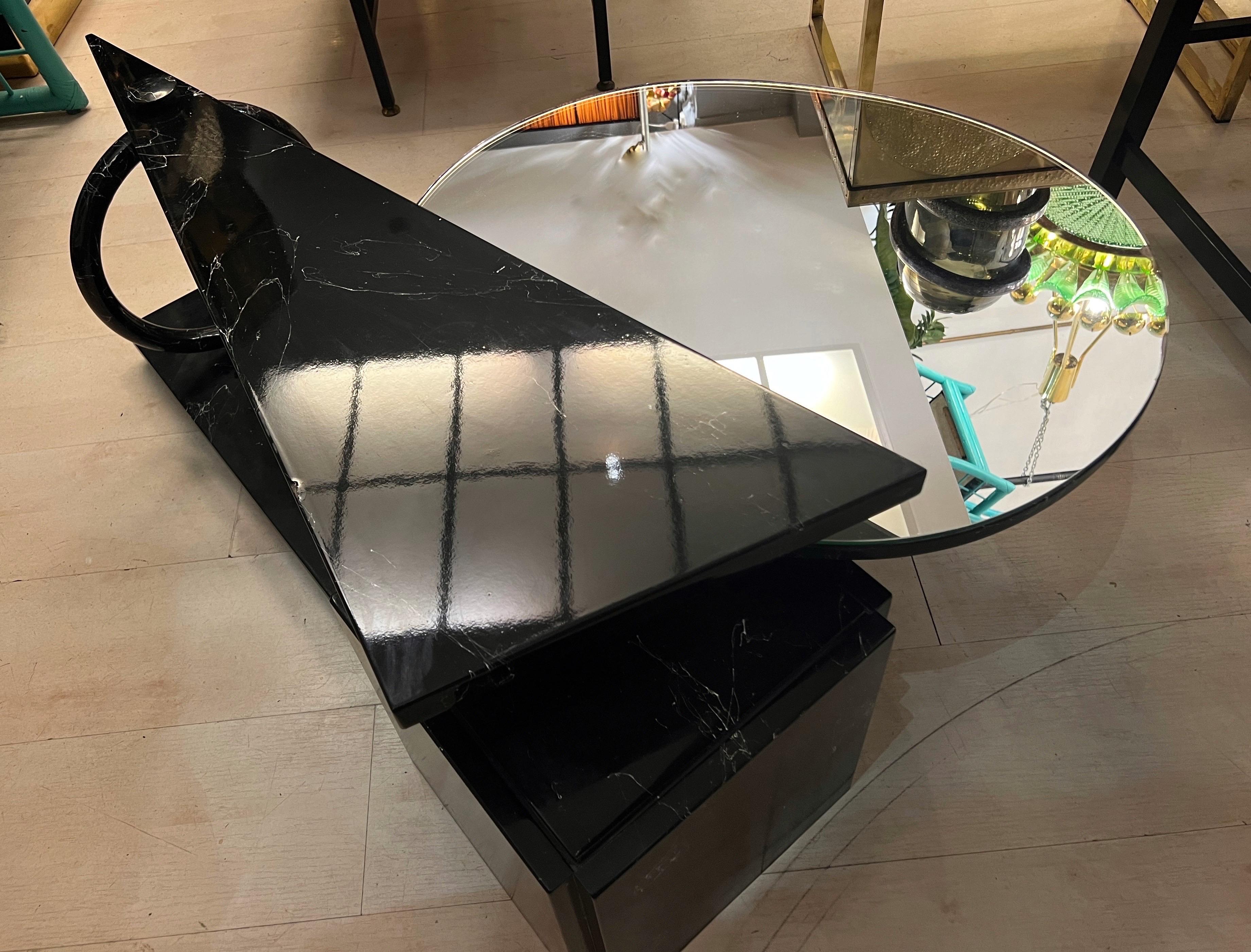 Black Geometric Coffee Table Marble Effect with Rotating Oval Mirror Top 1980 For Sale 4