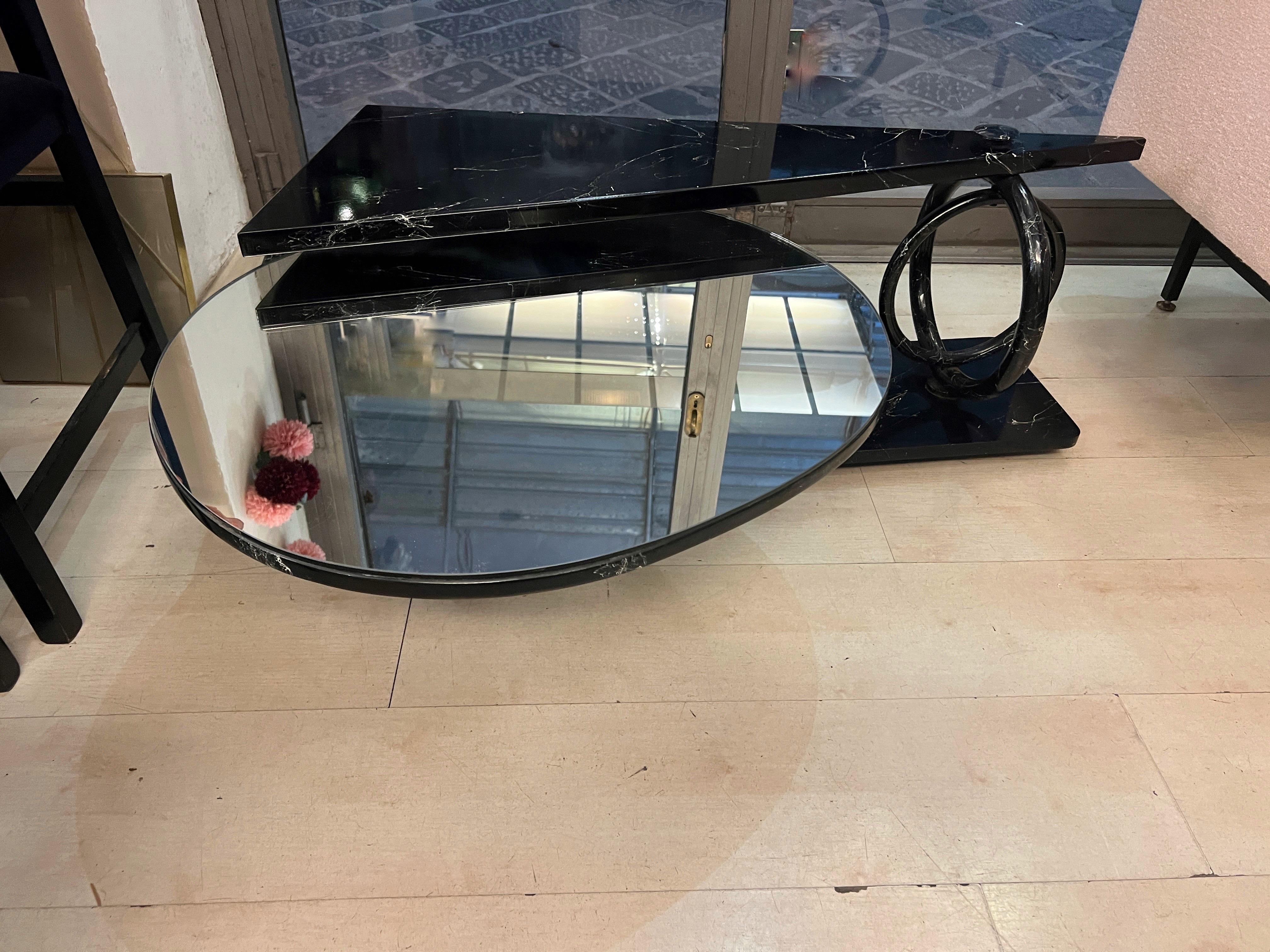 Black Geometric Coffee Table Marble Effect with Rotating Oval Mirror Top 1980 For Sale 7