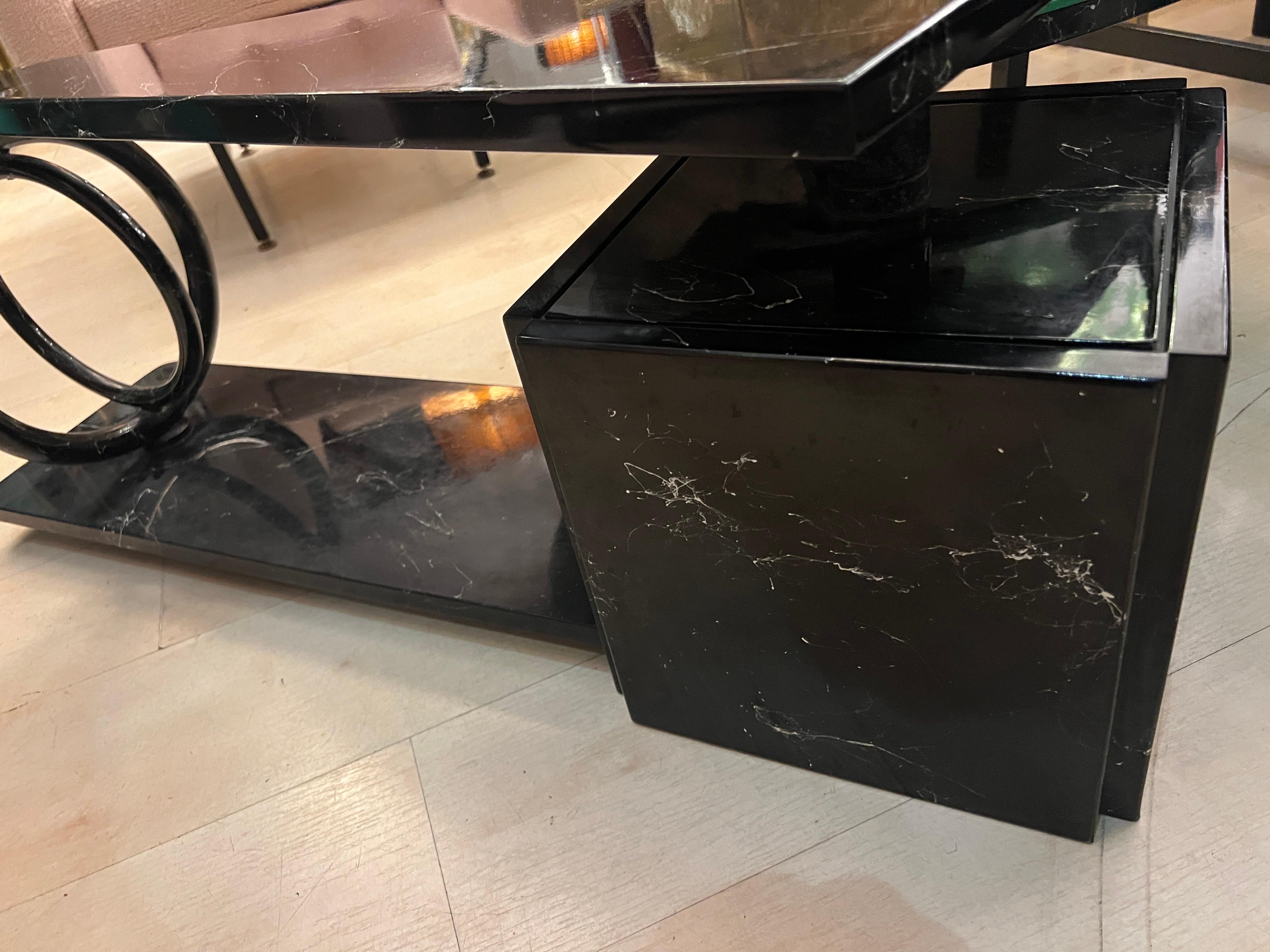 Black Geometric Coffee Table Marble Effect with Rotating Oval Mirror Top 1980 For Sale 2