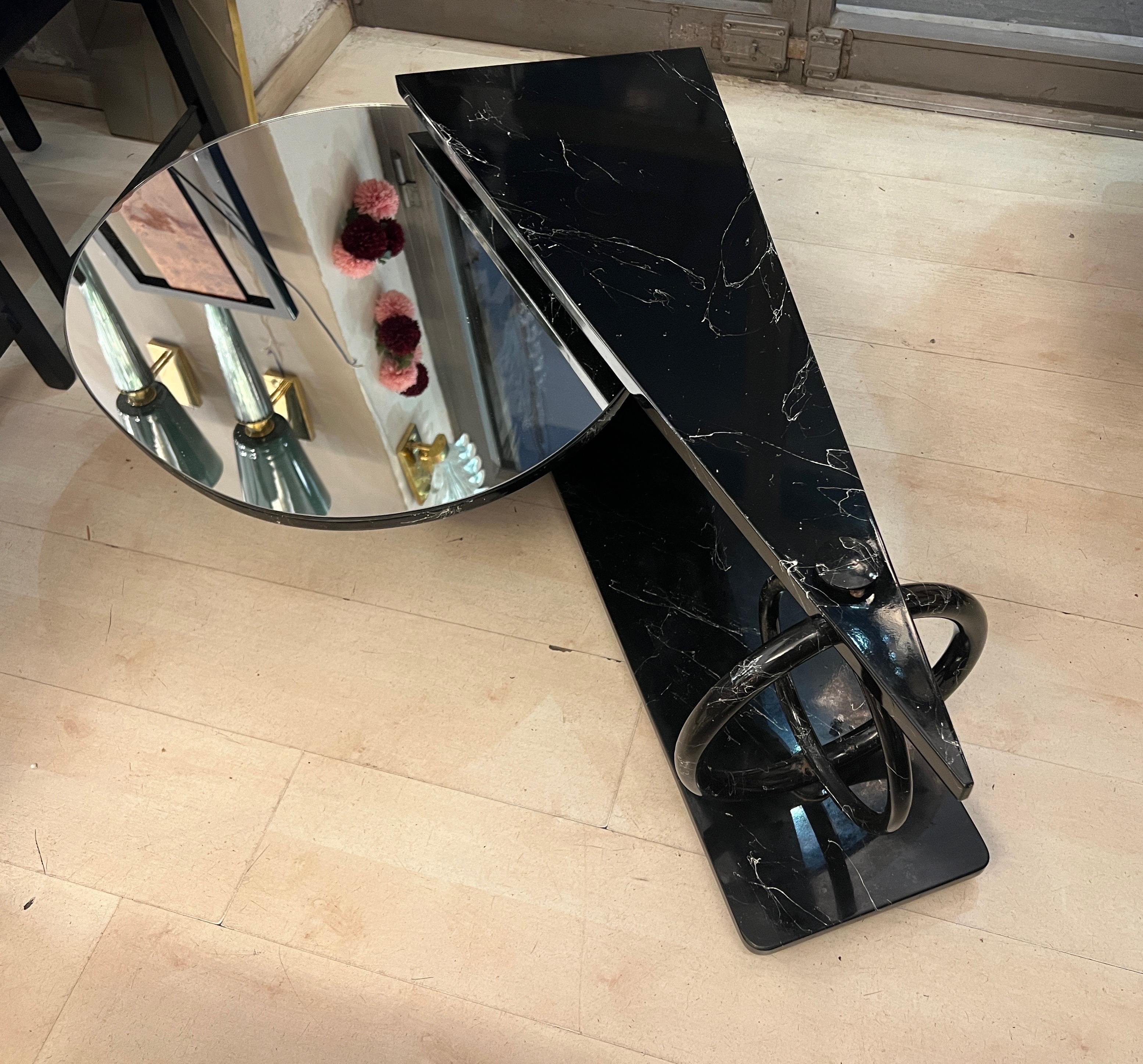 Black Geometric Coffee Table Marble Effect with Rotating Oval Mirror Top 1980 For Sale 3