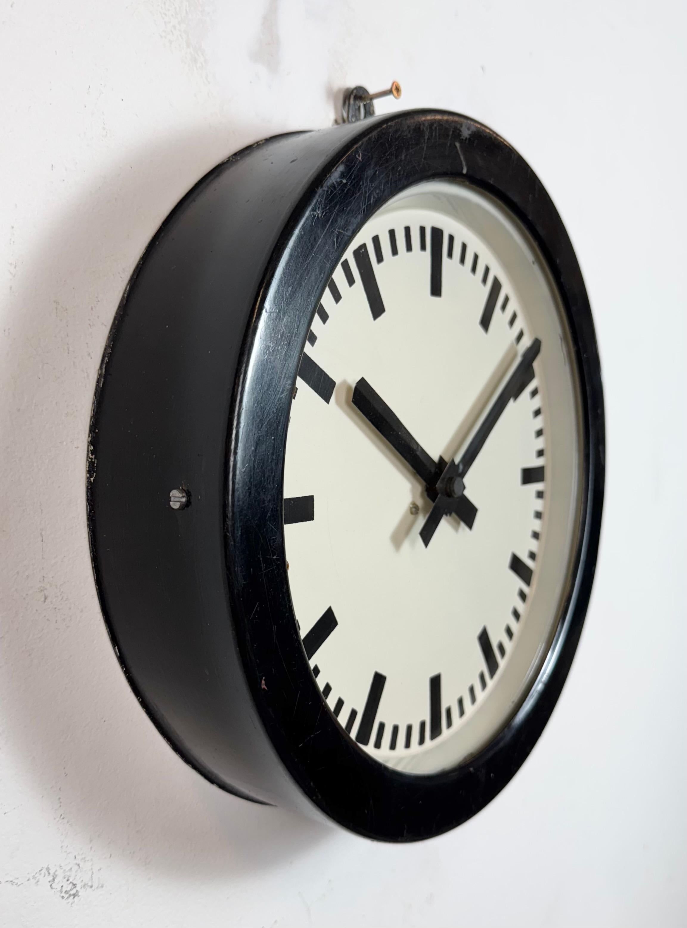 Glass Black German Industrial Factory Wall Clock, 1950s For Sale