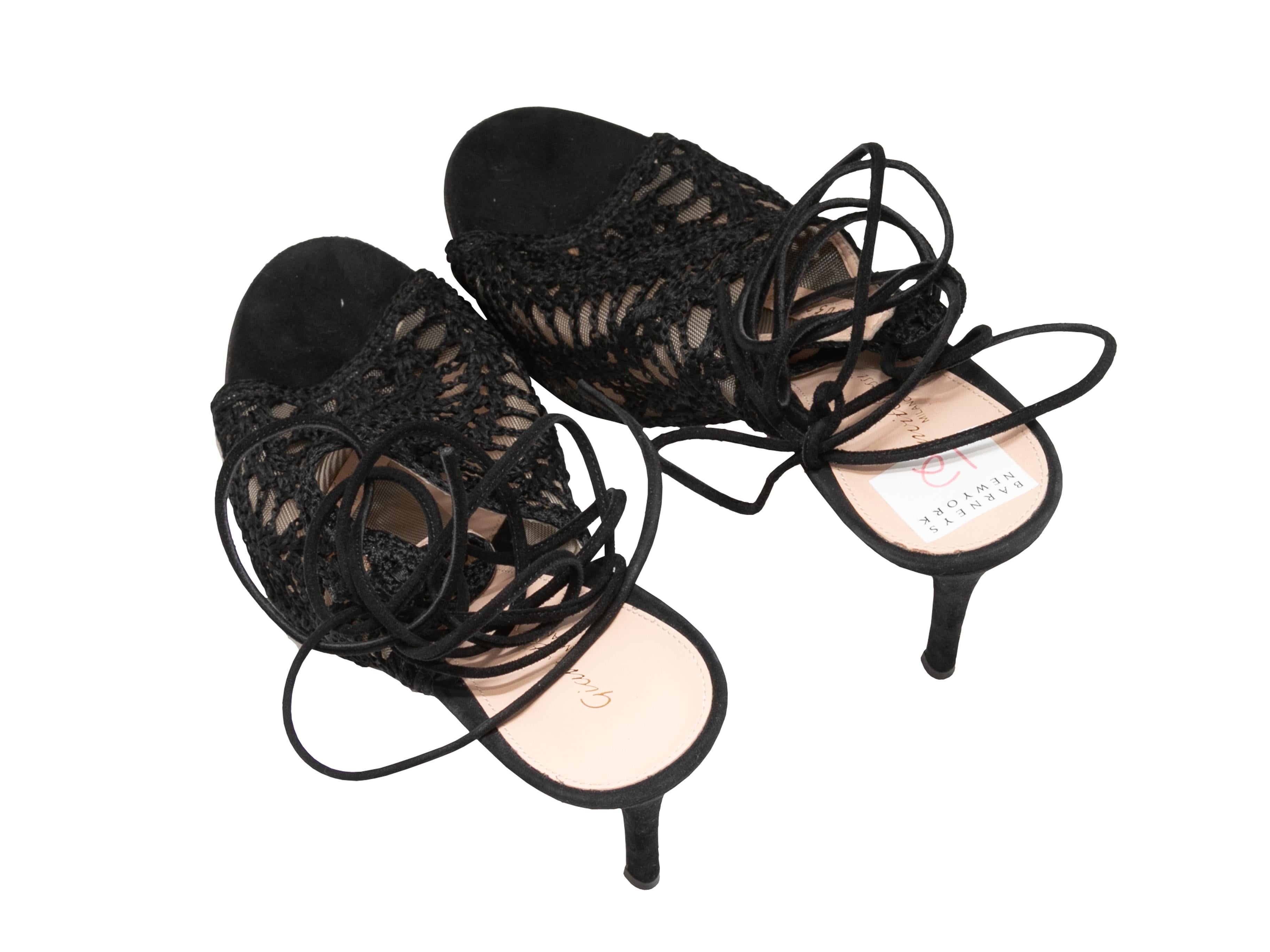 Black Gianvito Rossi Crochet & Mesh Lace-Up Heeled Sandals Size 42 In Good Condition For Sale In New York, NY