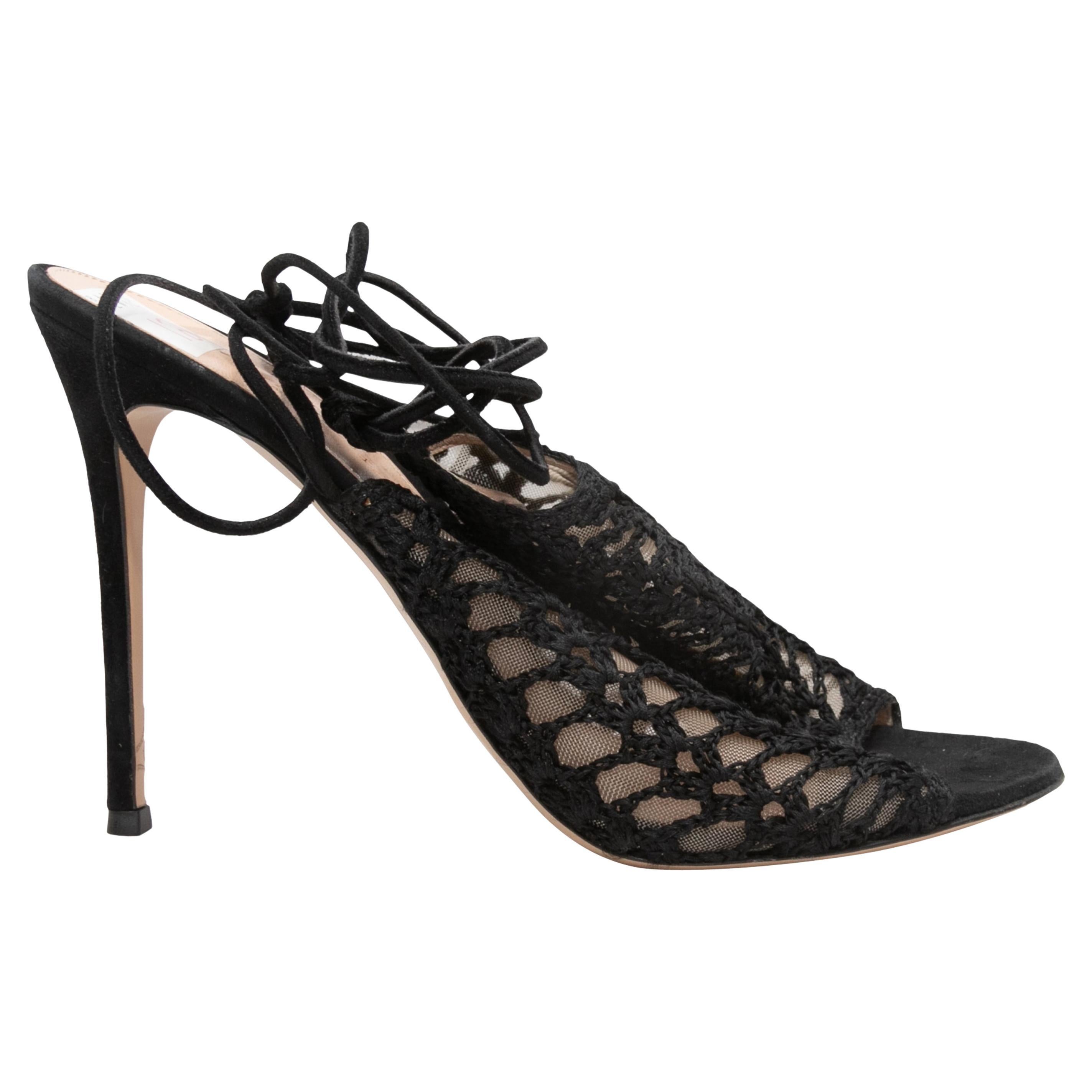Black Gianvito Rossi Crochet & Mesh Lace-Up Heeled Sandals Size 42 For Sale