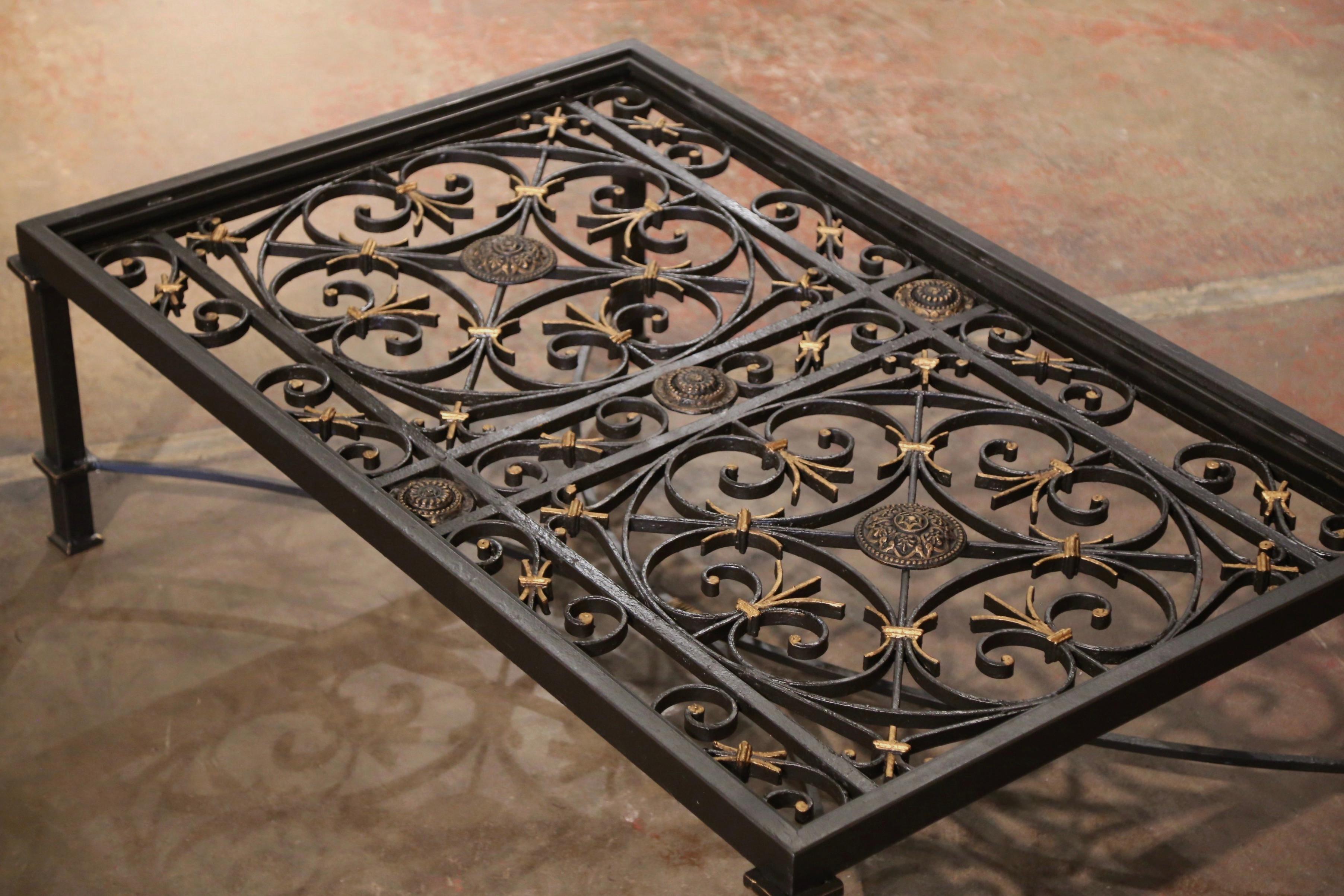 Beveled Black & Gilt Iron Coffee Table Base Built with 19th Century French Gate Balcony  For Sale