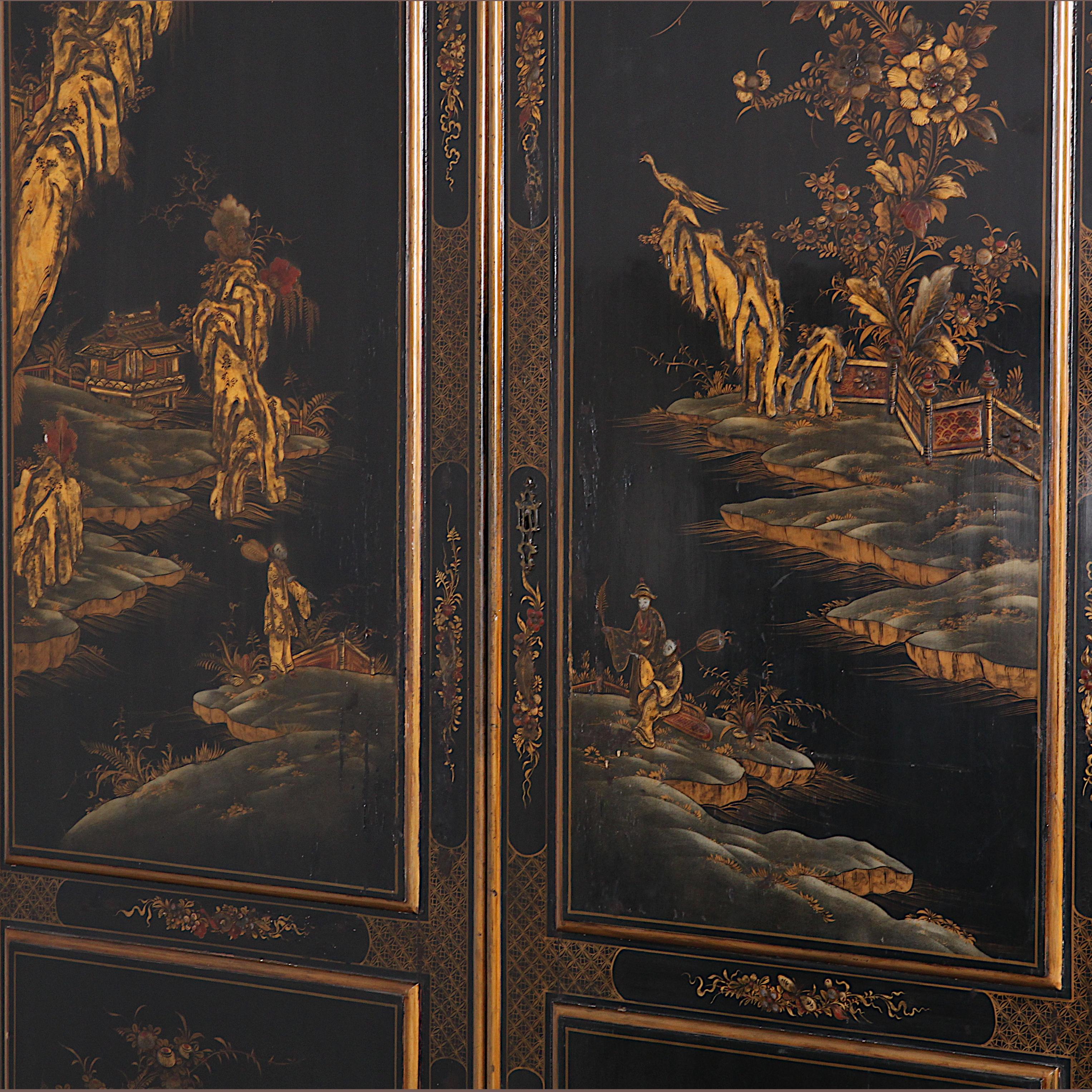 Black and gilt lacquered chinoiserie or ‘Japanned’ armoire with polychrome and gilt scenery of figures in various landscape settings. Beautifully detailed and a wonderful decorative piece in all settings.

Continental European made and decorated