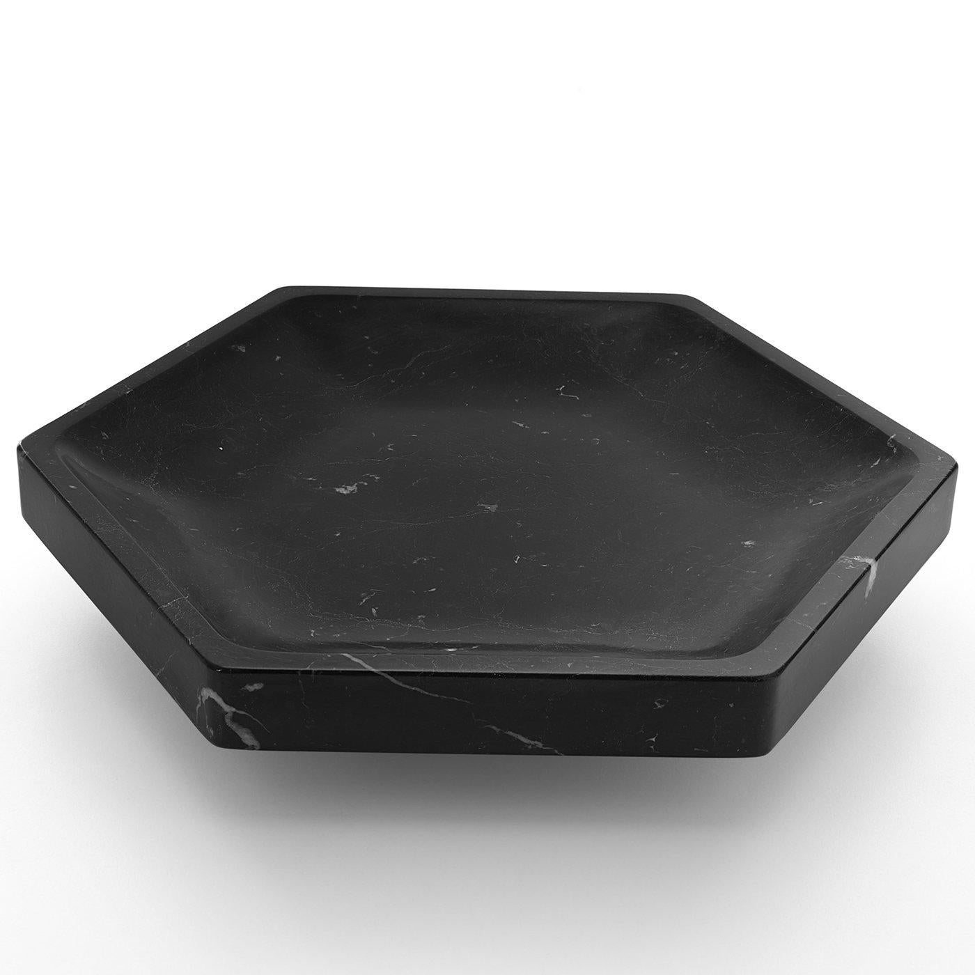 Fruit bowl, hexagonal, in Black Marquina marble, matte polished finish.
  
  