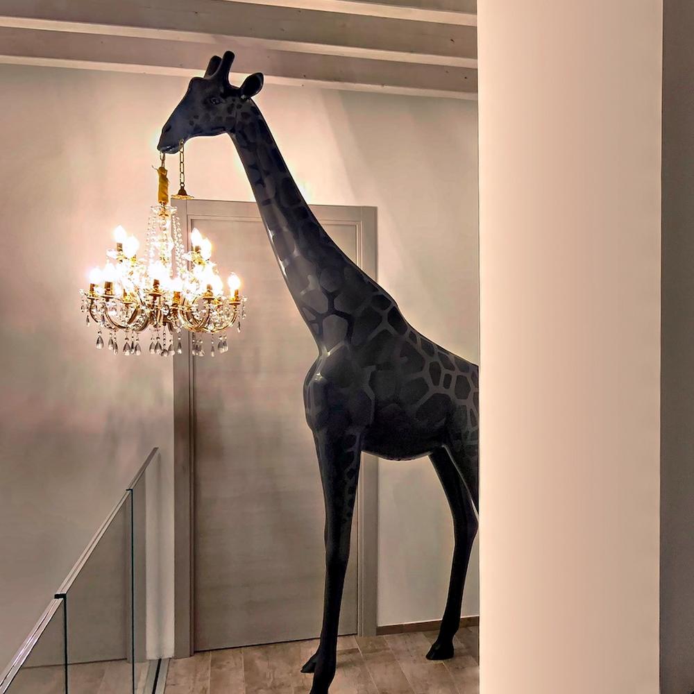 Italian In Stock in Los Angeles, 8.6 Ft Tall Black Pop Art Indoor Giraffe w/ Chandelier
