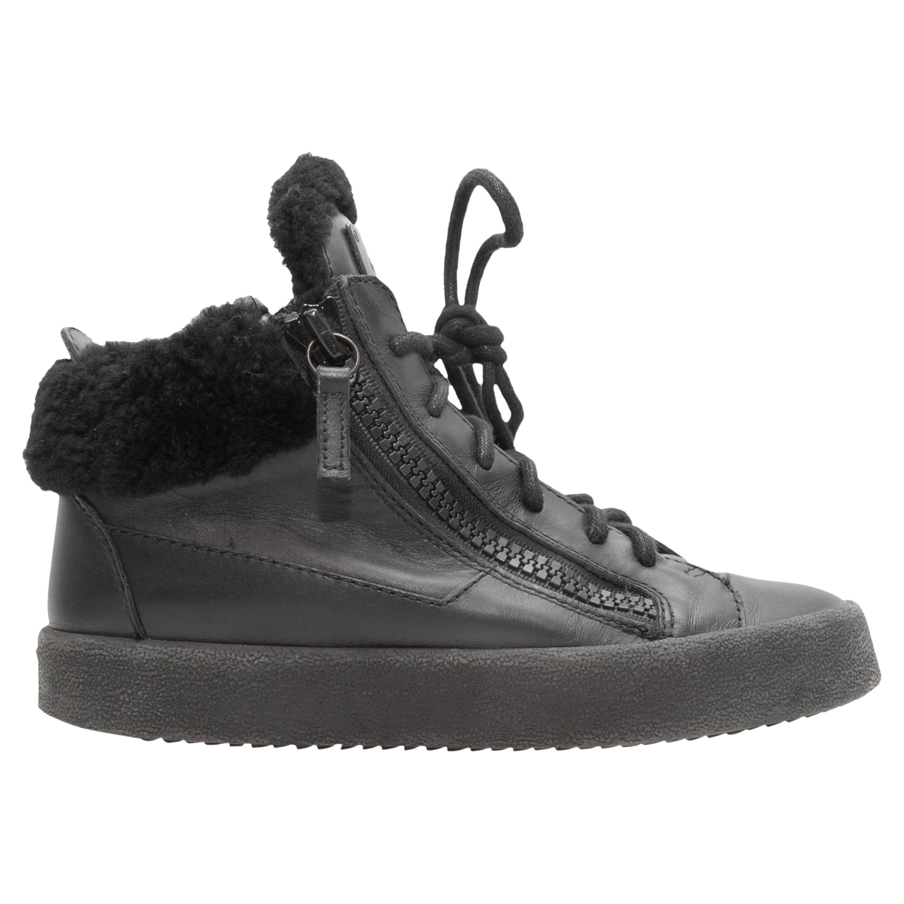 Black Giuseppe Zanotti High-Top Shearling-Trimmed Sneakers Size 36 For Sale