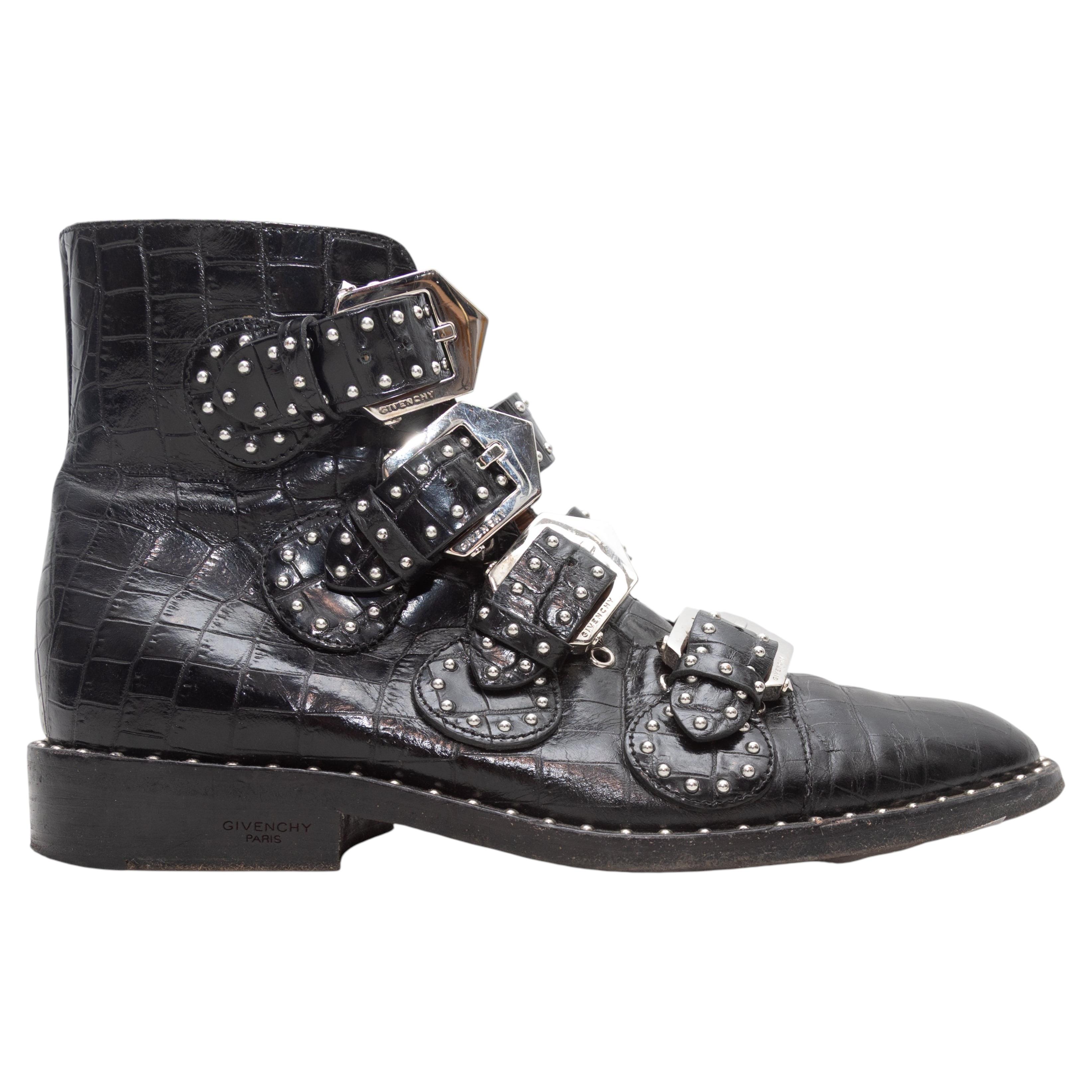 Pre-owned Givenchy Black  Embossed Croc Buckle Ankle Boots Size 36