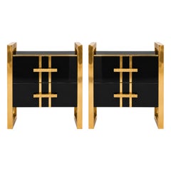 Black Glass and Brass Bedside Tables with Two Drawers, Italian Pair
