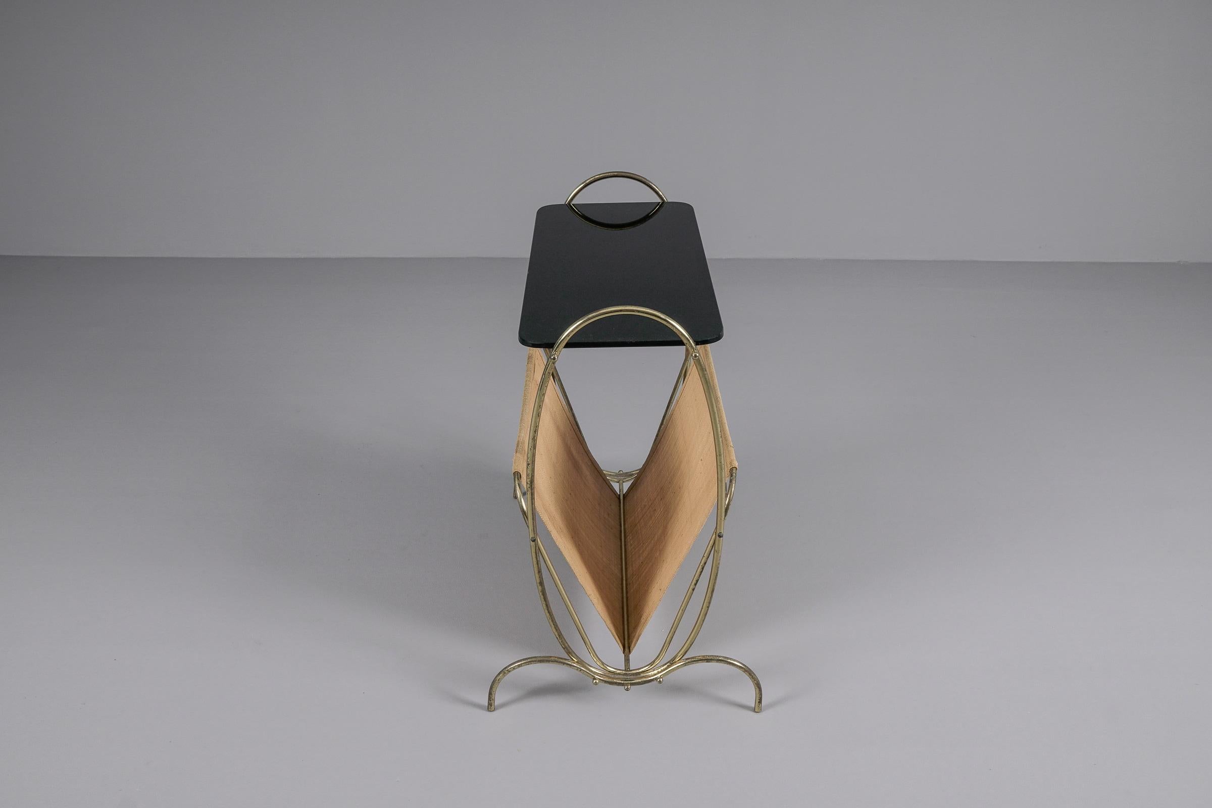 Black Glass and Brass Side Table and Magazine Rack, 1950s For Sale 4