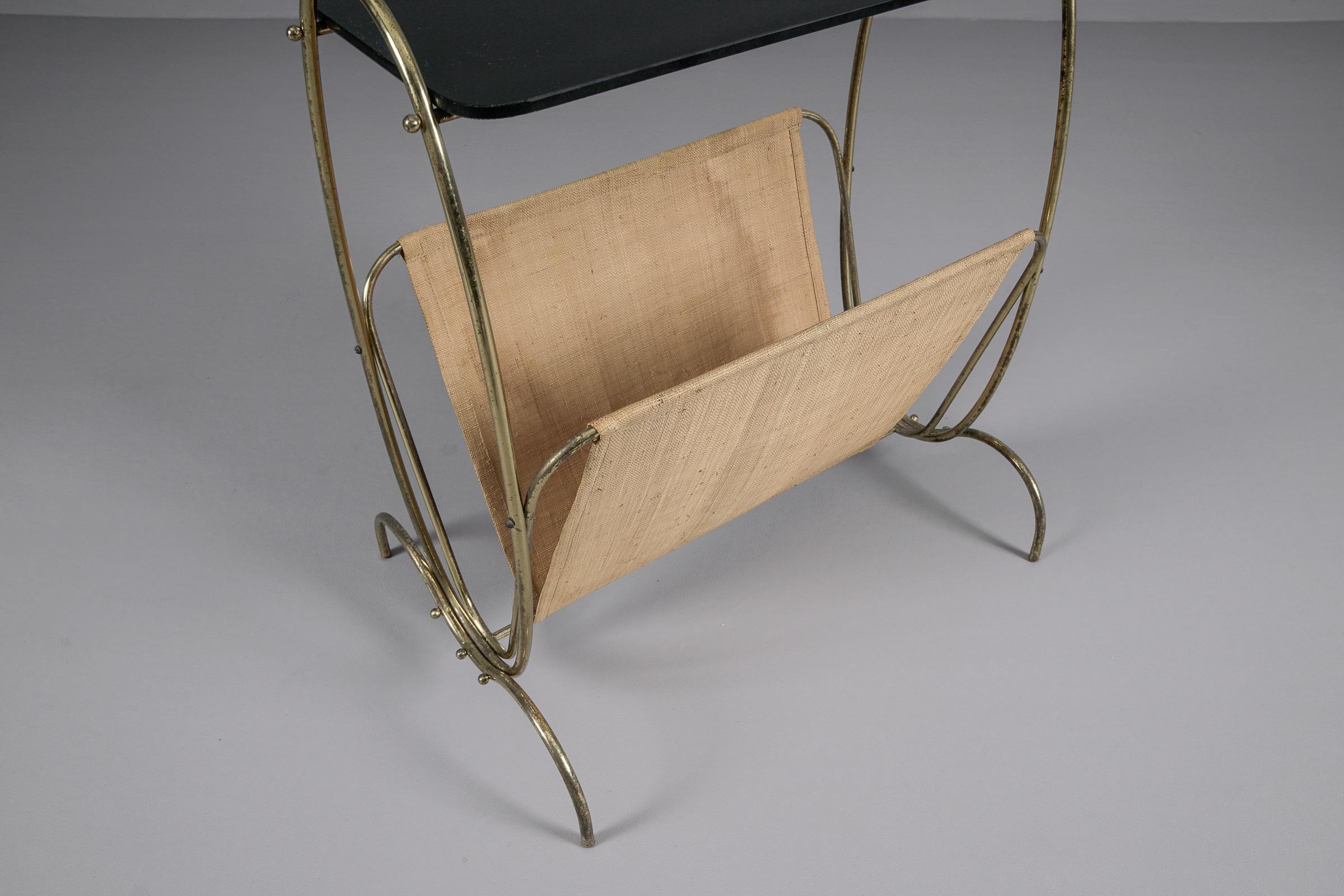 Black Glass and Brass Side Table and Magazine Rack, 1950s For Sale 6