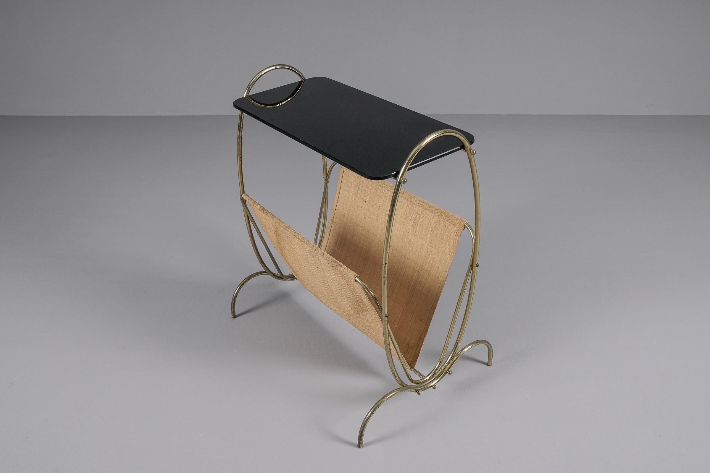 Mid-20th Century Black Glass and Brass Side Table and Magazine Rack, 1950s For Sale
