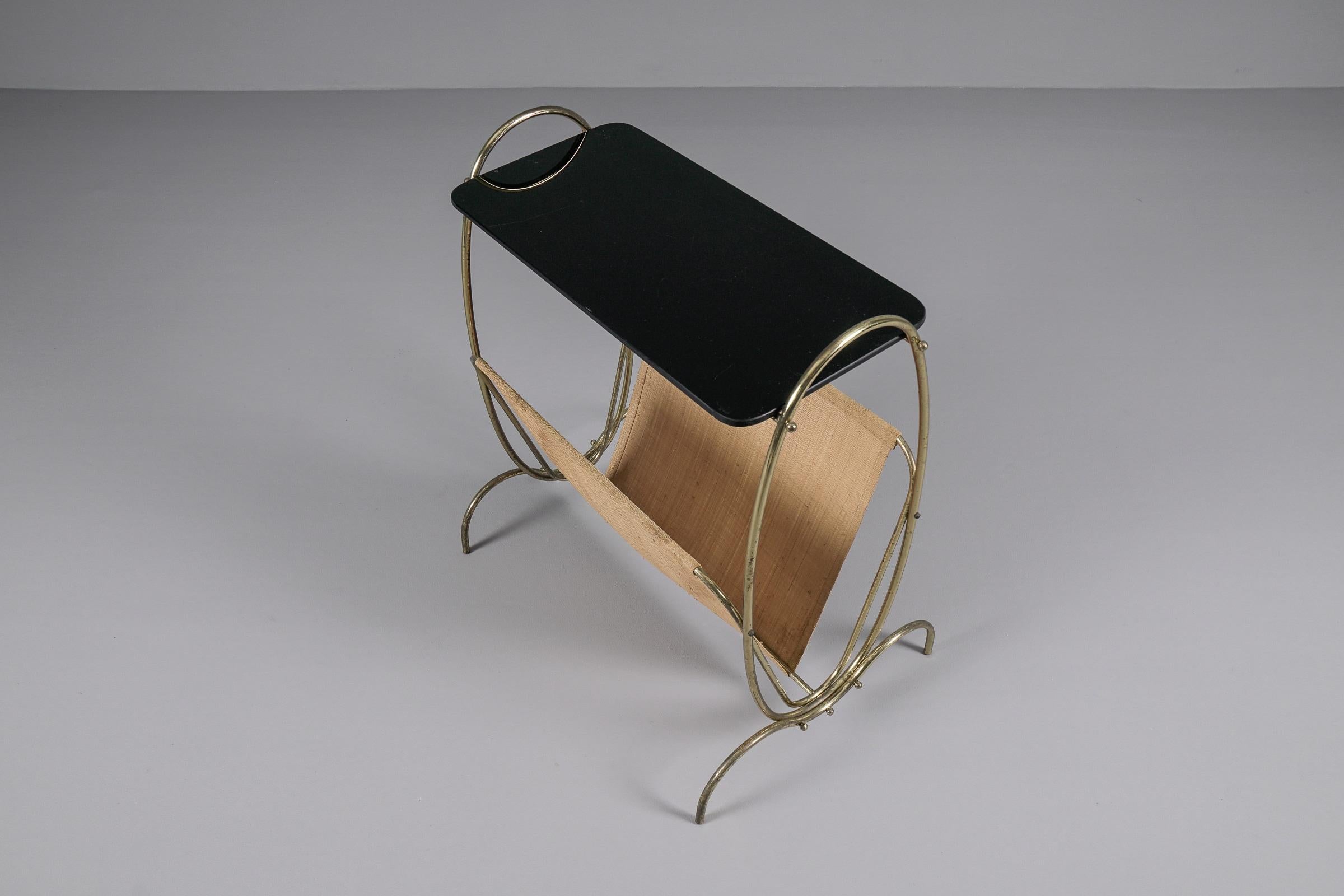 Black Glass and Brass Side Table and Magazine Rack, 1950s For Sale 1