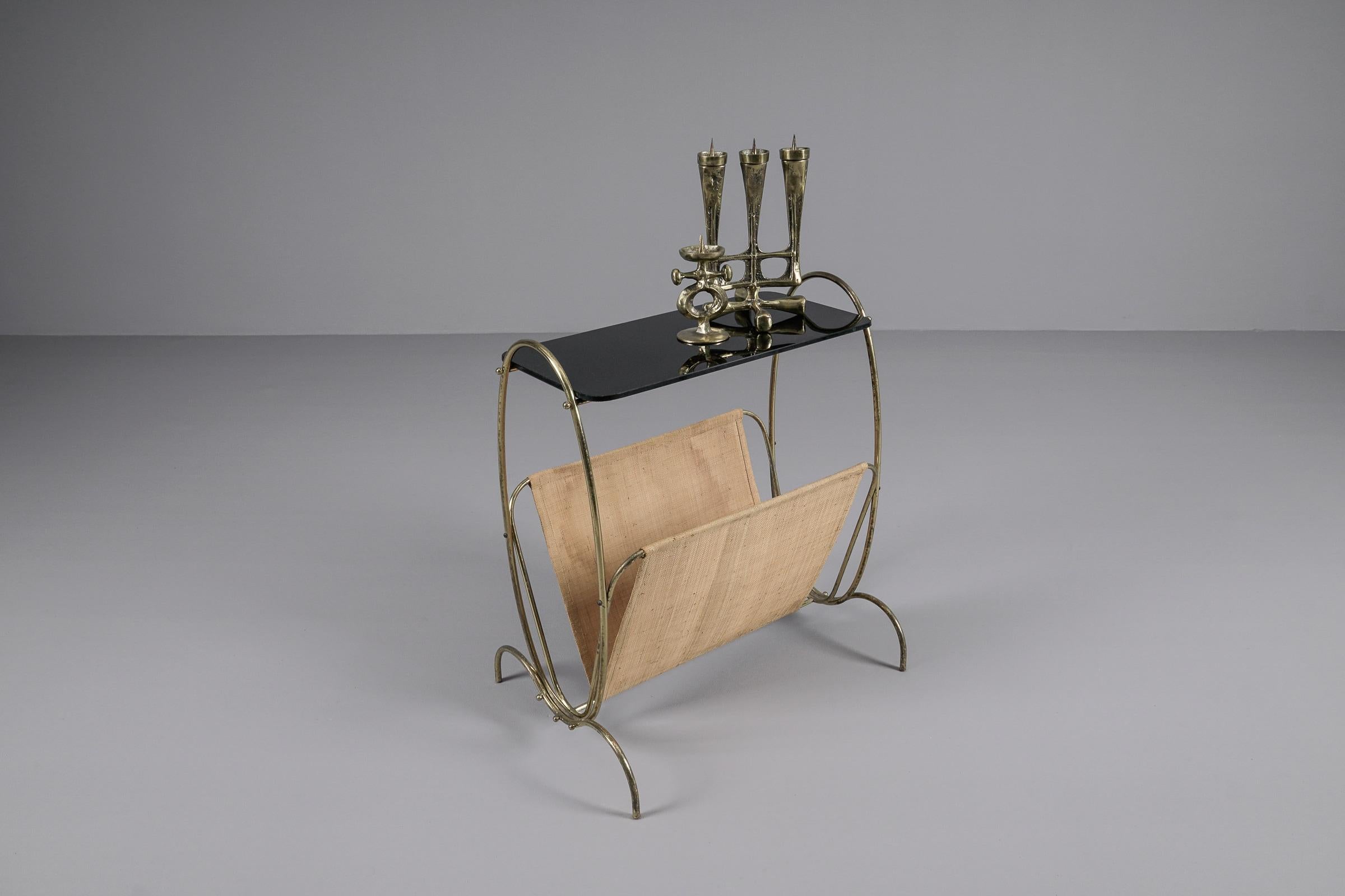 Black Glass and Brass Side Table and Magazine Rack, 1950s For Sale 3