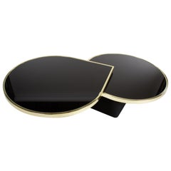 Retro Black Glass and Brass Teardrop Swivel Cocktail Table by DIA, Signed