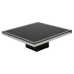 MESA DE CAFÉ DE VIDRIO NEGRO Y ALUMINIO PULIDO, años 70