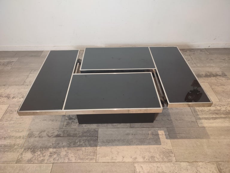 Black Glass and Chrome Coffee Table with Hidden Bar from Willy Rizzo