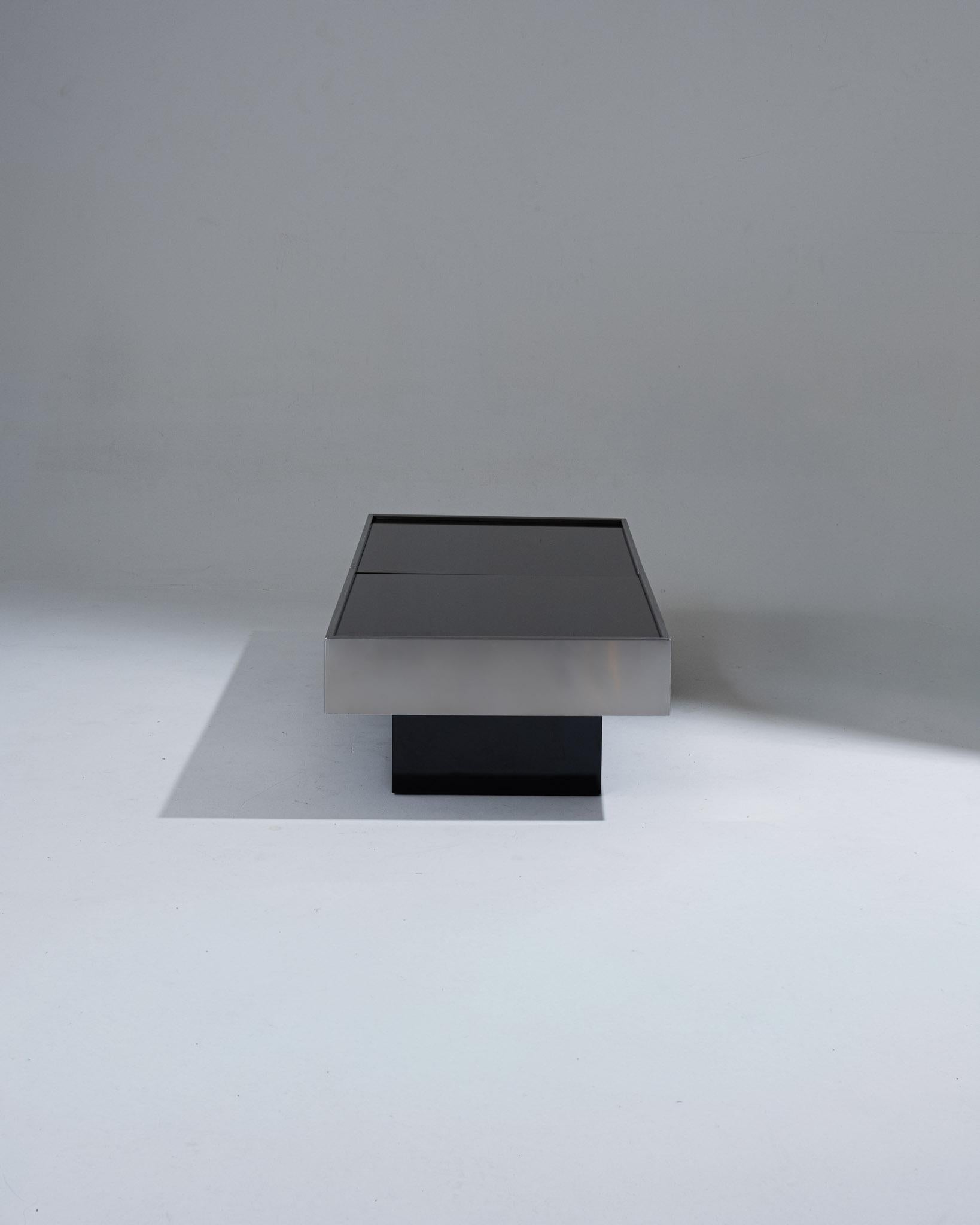 European Black Glass and Metal Coffee Table-Bar, 1970s For Sale