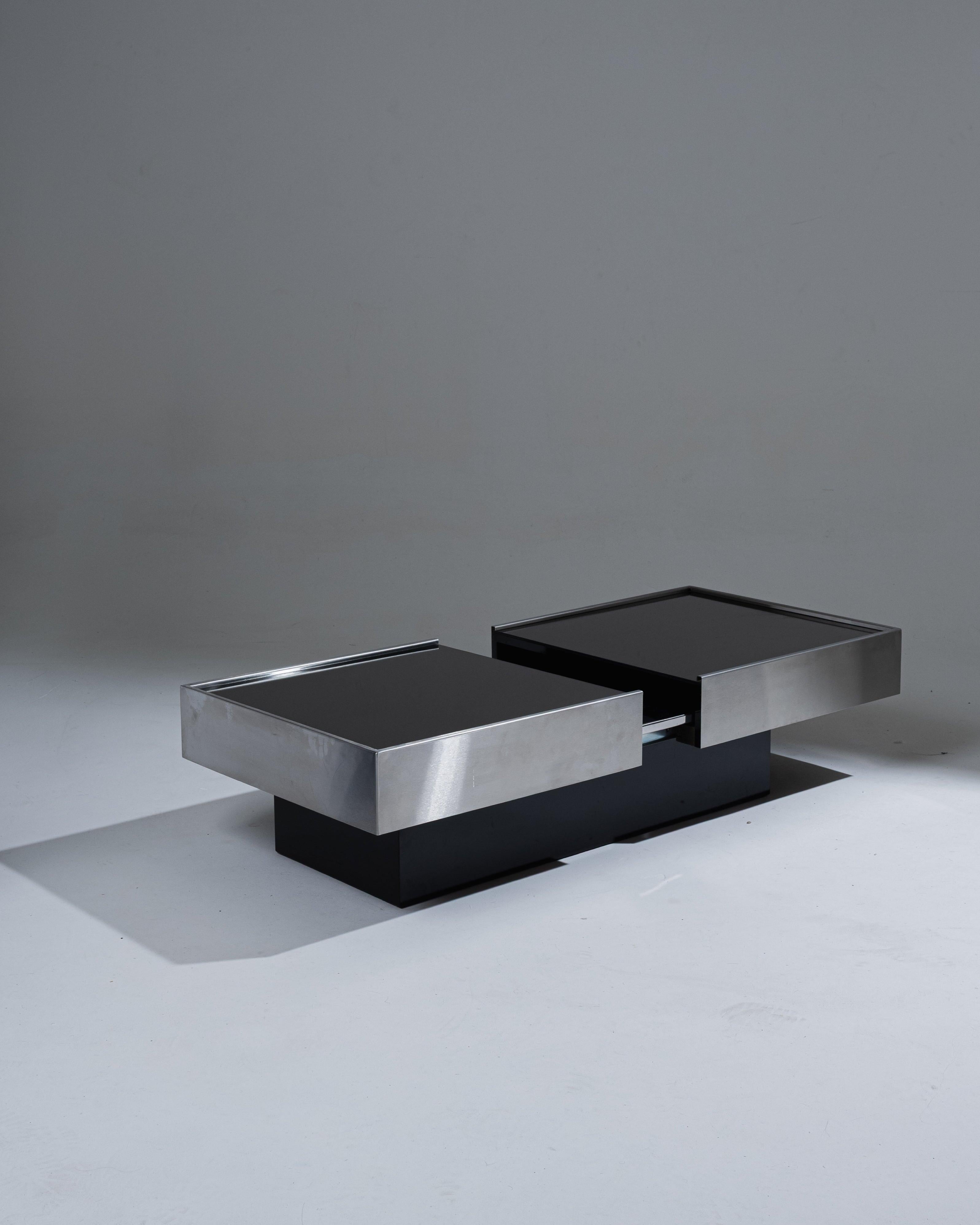 Black Glass and Metal Coffee Table-Bar, 1970s For Sale
