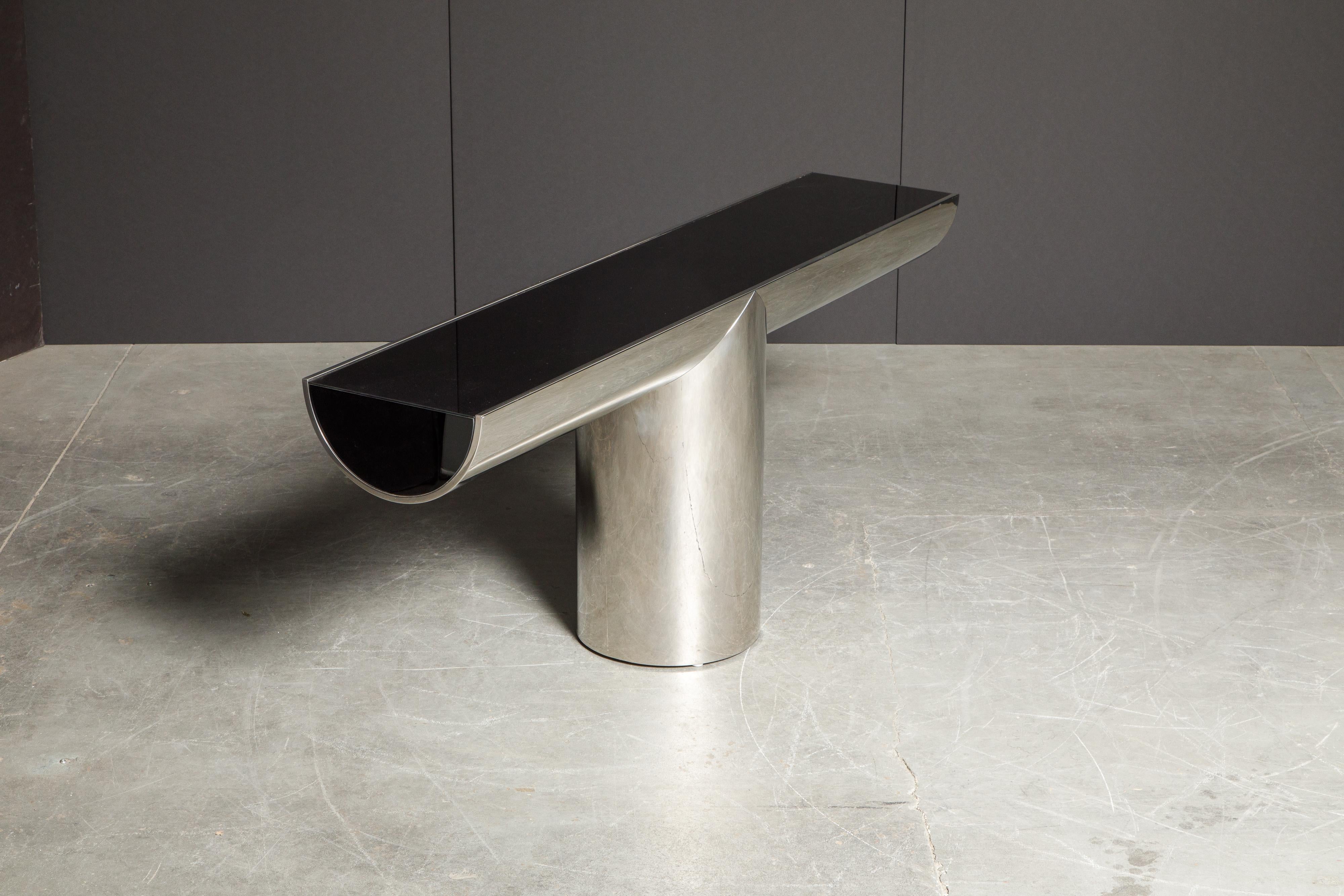Black Glass and Stainless Steel Console by J. Wade Beam for Brueton, c. 1970s  In Good Condition In Los Angeles, CA