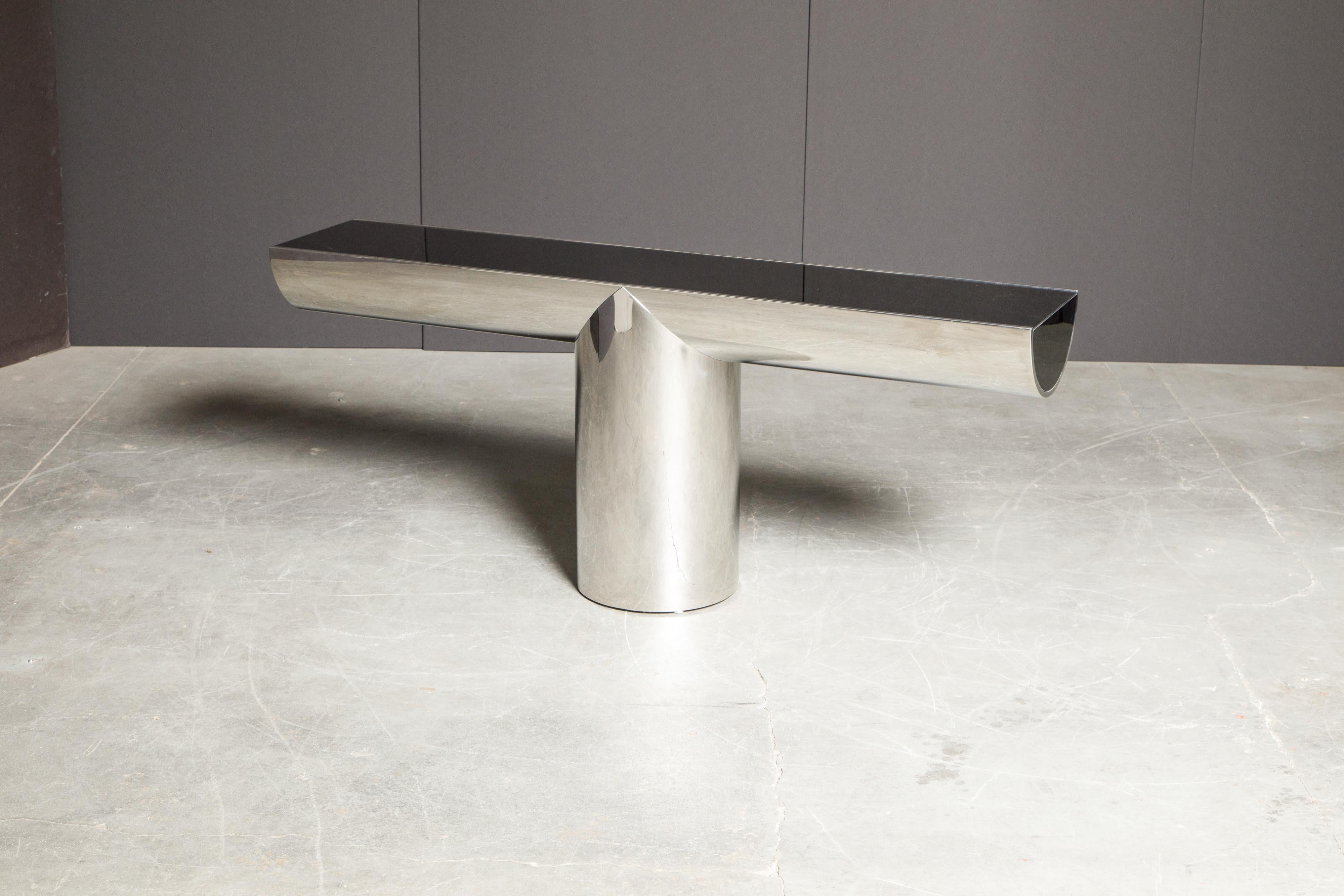 Black Glass and Stainless Steel Console by J. Wade Beam for Brueton, c. 1970s  2