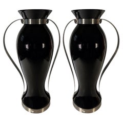 Black Glass and Stainless Steel Vases