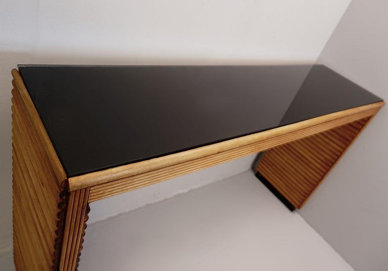 Black Glass and Wood Console Table at 1stDibs